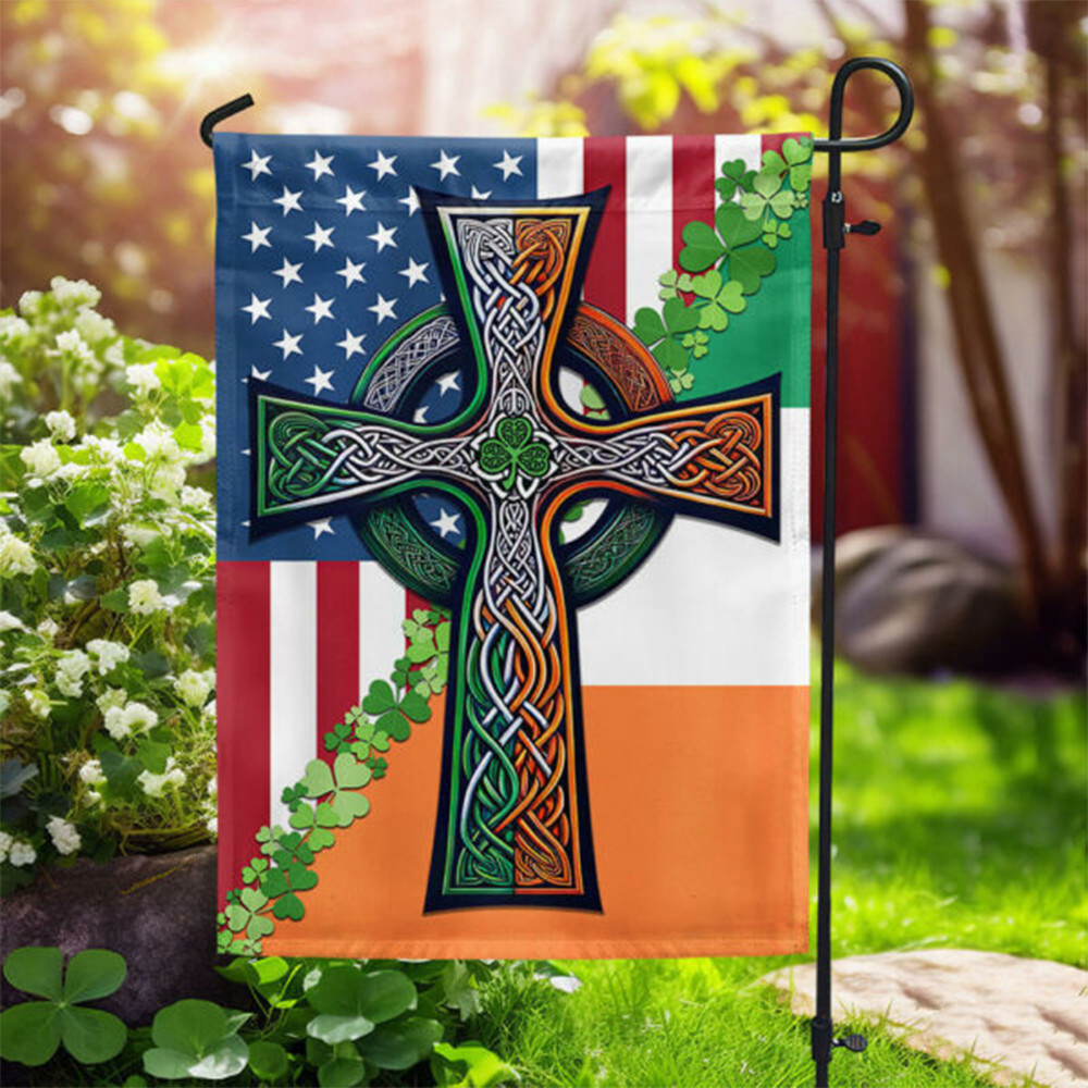 Irish Celtic Knot Cross With Shamrock Flag Happy St. Patrick's Day Irish American Flag