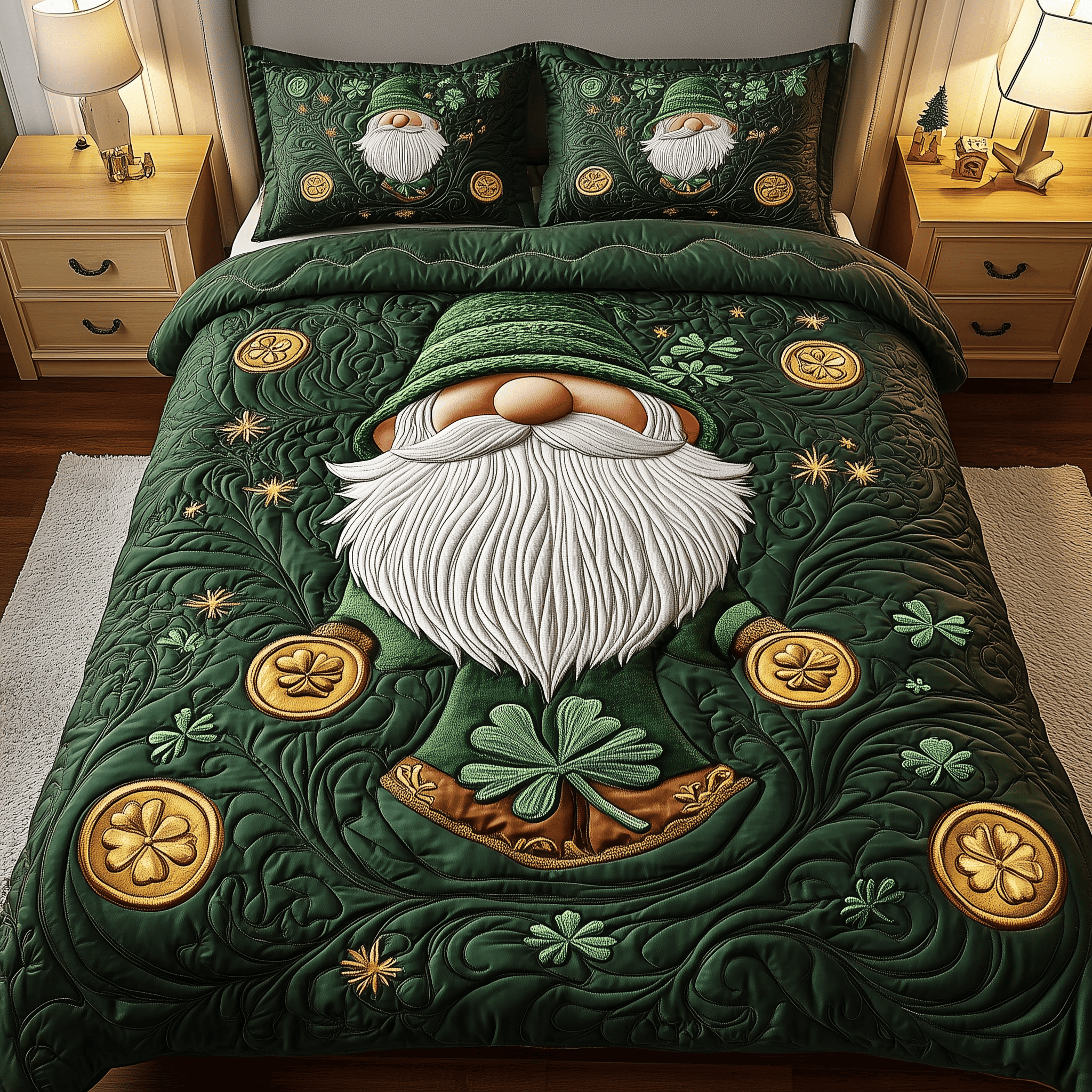 Irish Luck Gnome Quilted Bedding Set Fun St Patrick'S Day Gifts
