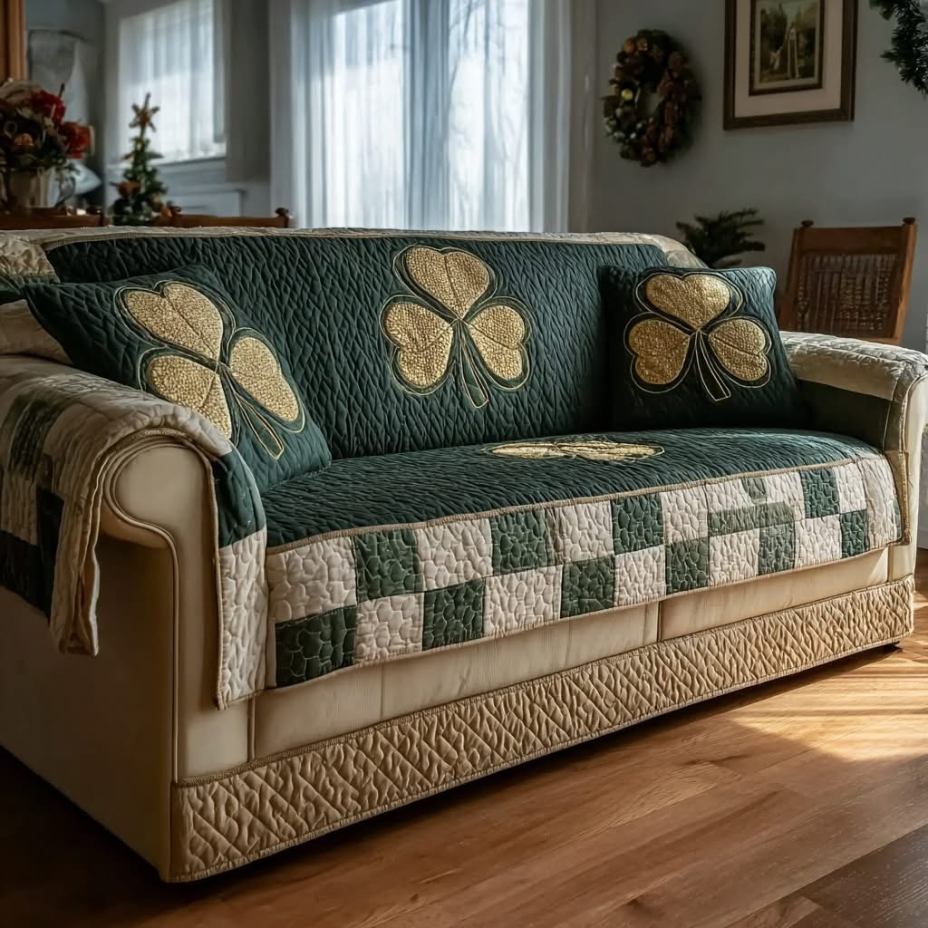 Irish Meadow Breeze Quilted Sofa Cover Shamrock Sofa Protector St Patrick's Day Home Decor