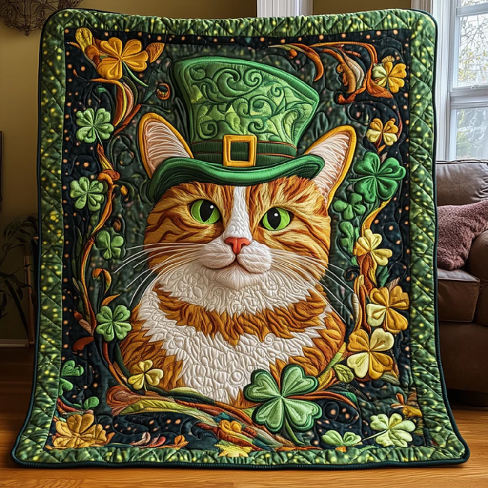 Irish Tabby Cat Saint Patrick's Day Quilt Blanket Cat Lovers Gift For Irish