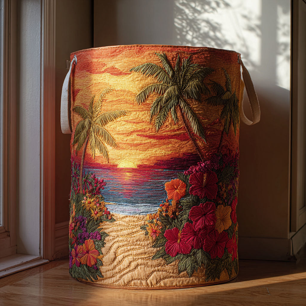 Island Light Quilted Laundry Basket Tropical Sunset Fabric Hamper Housewarming Gift