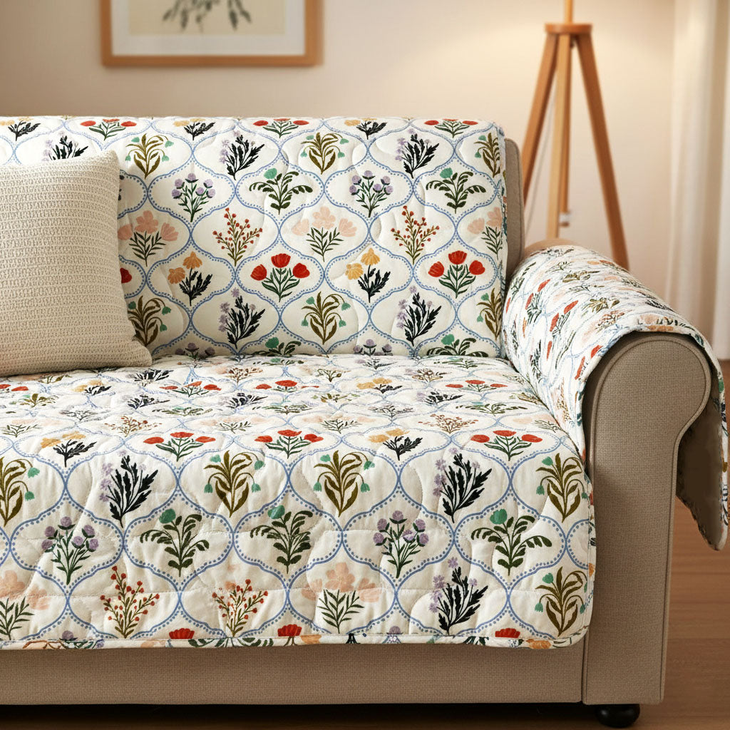 Ivory Botanica Quilted Sofa Cover Living Room Decor Ideas Mother's Day Gifts For Elderly
