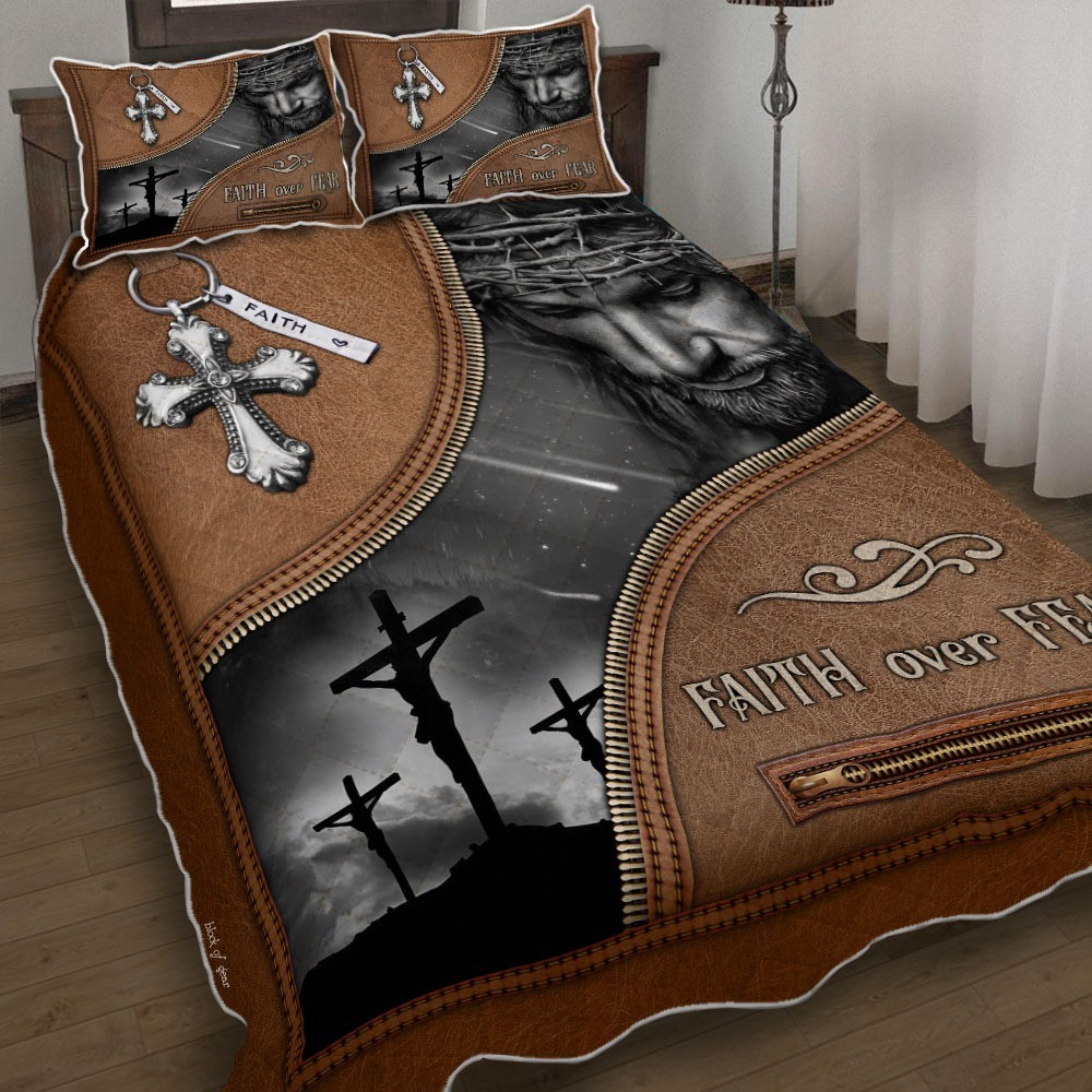 Jesus Faith Over Fear Quilted Bedding Set Christian Bedspread Set Religious Gifts Ideas
