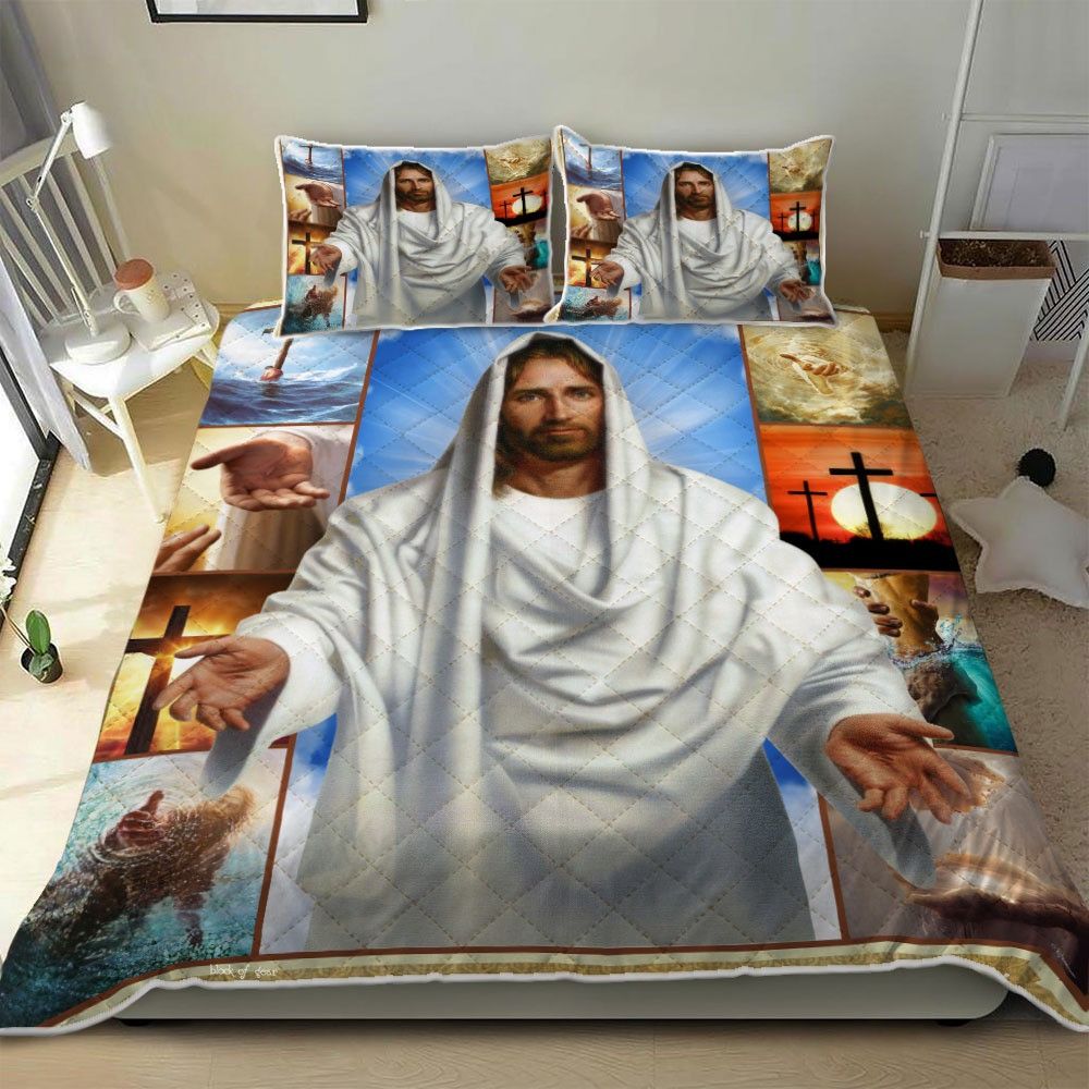 Jesus Reaching Hand Quilt Bedding Set Christian Bedspread Set Jesus Lovers Bed Decor