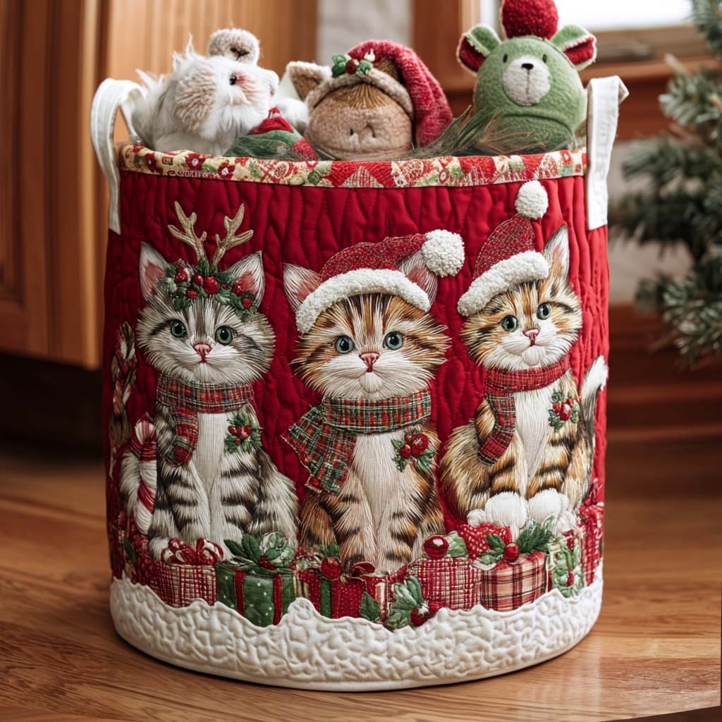 Jingle Cat Quilted Laundry Basket Trendy Quilted Laundry Hamper Gift for Modern Living