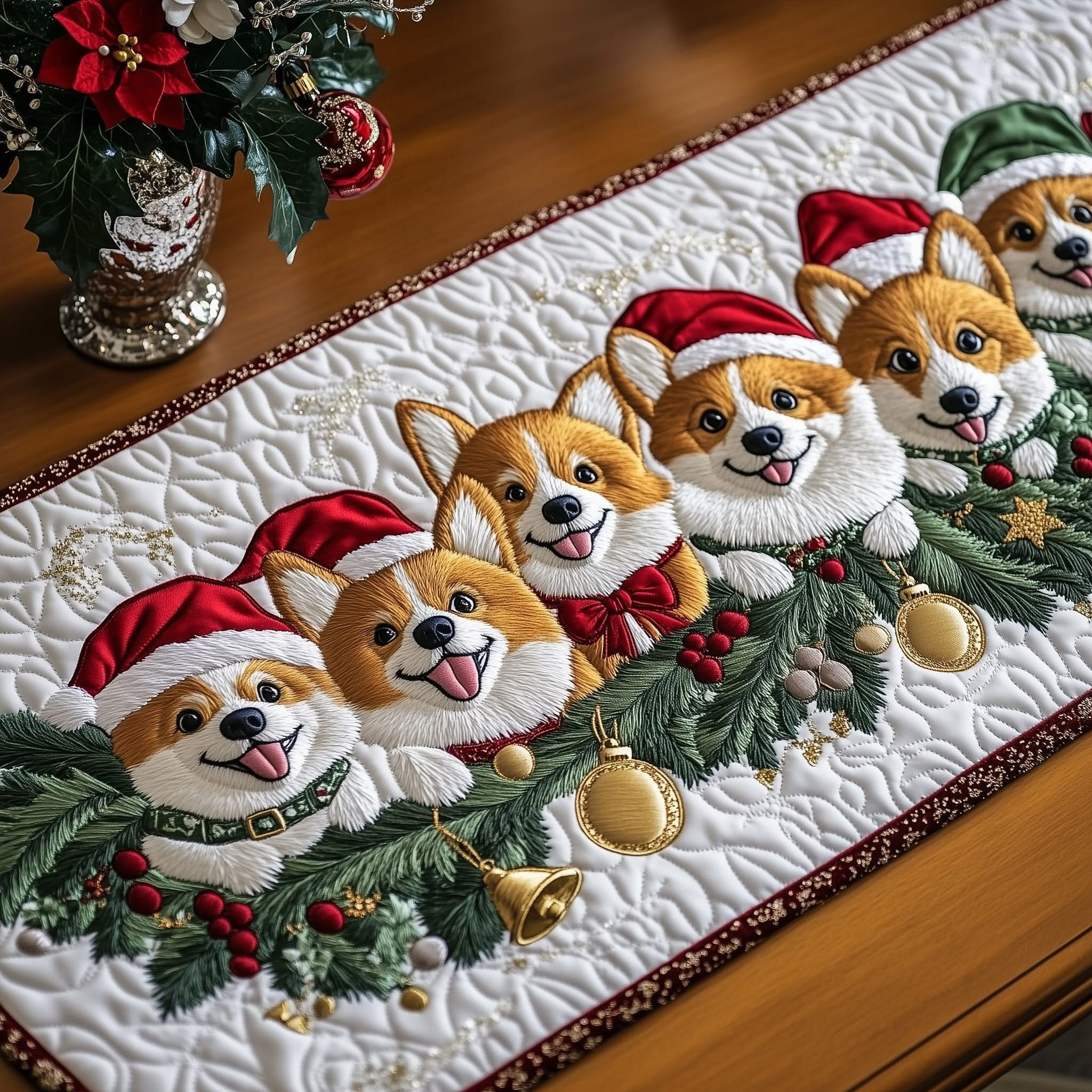 Jolly Corgi Christmas Quilted Table Runner Decorations Merch Gifts For Corgi Lover Owners