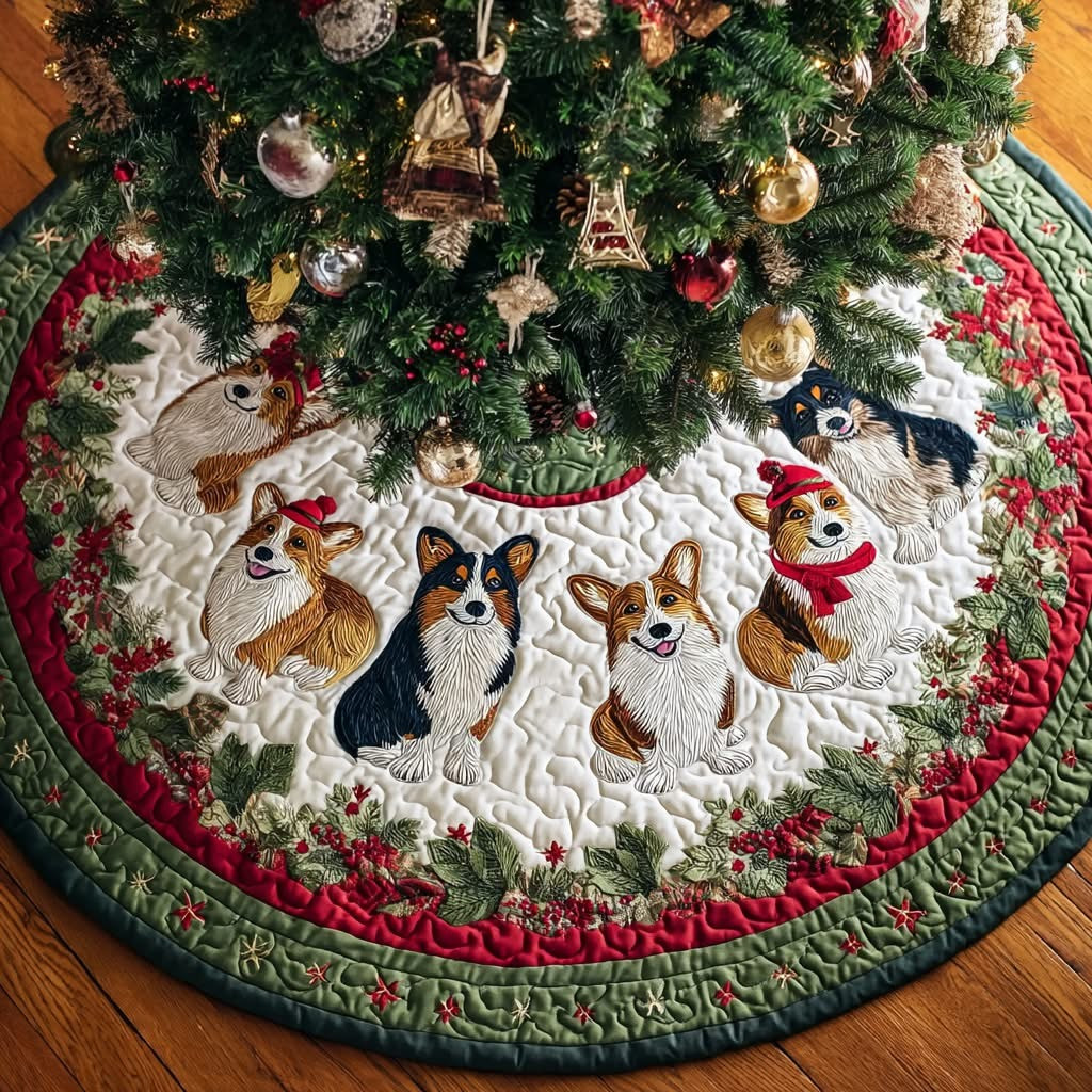 Jolly Corgi Quilted Christmas Tree Skirt Cute Xmas Tree Bottom Cover For Corgi Lovers