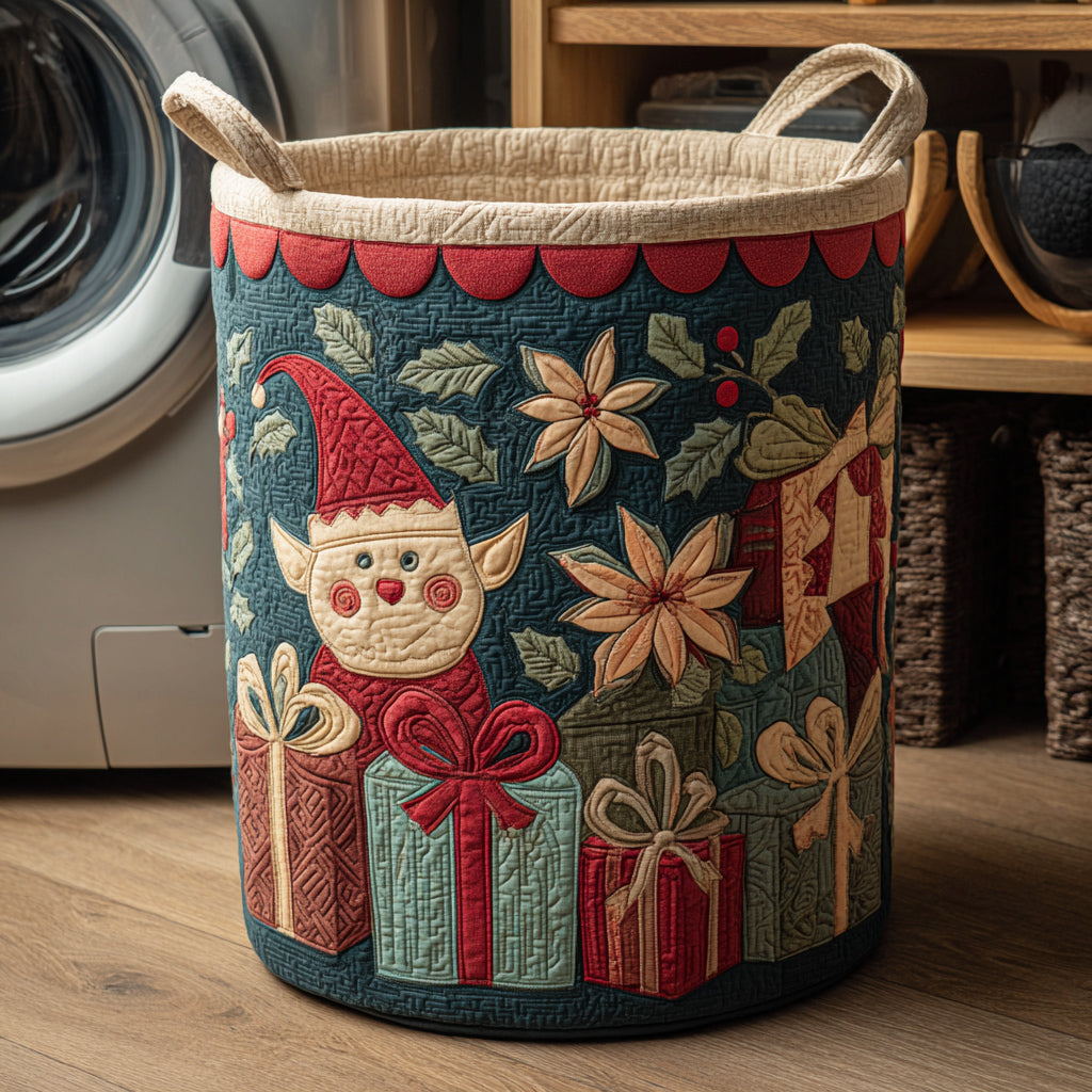 Jolly Elf Scene Quilted Laundry Basket Large Capacity Quilted Laundry Basket for Clothes Storage