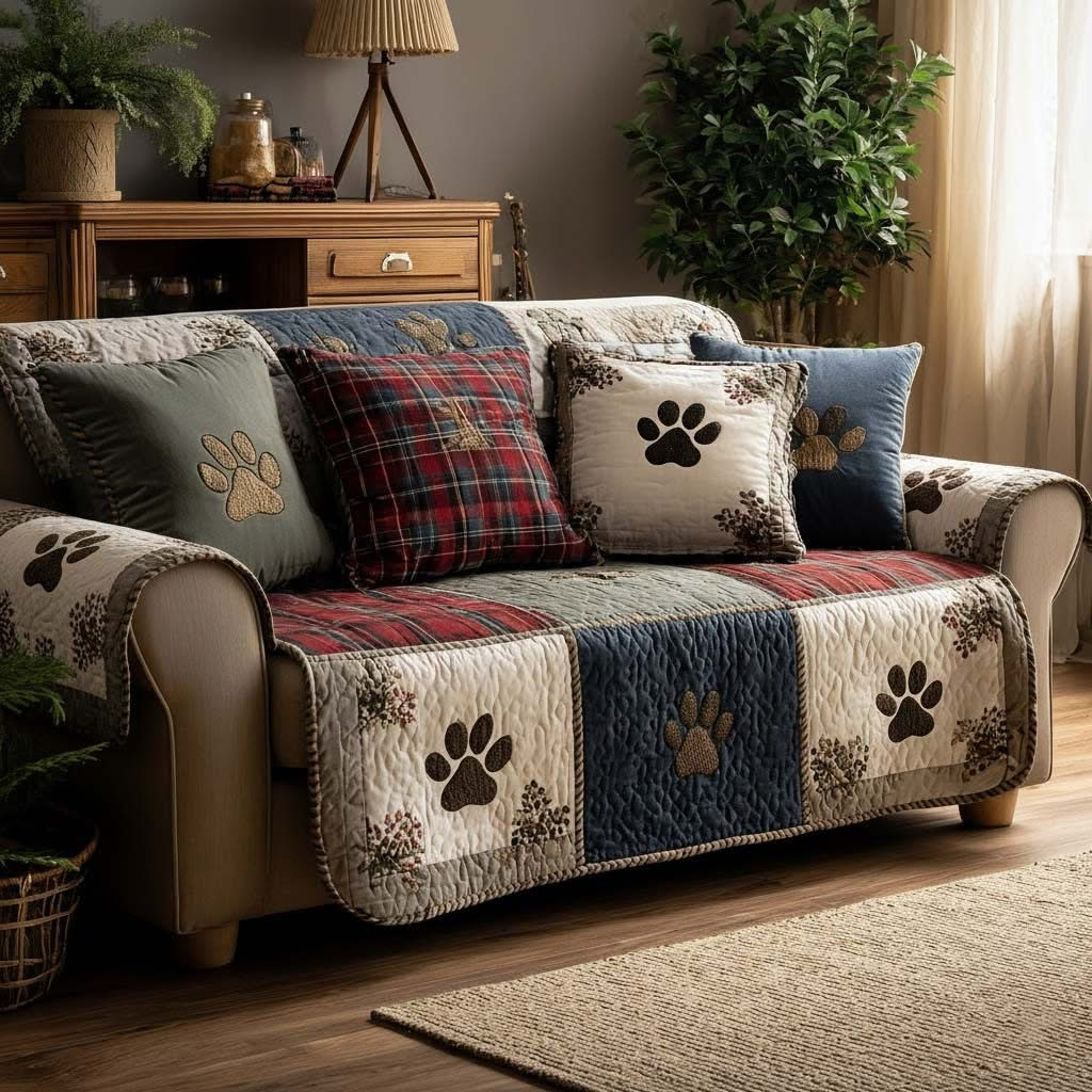Jolly Paw Quilted Sofa Cover Cozy Patchwork Couch Cover Christmas Gifts For Pet Lovers
