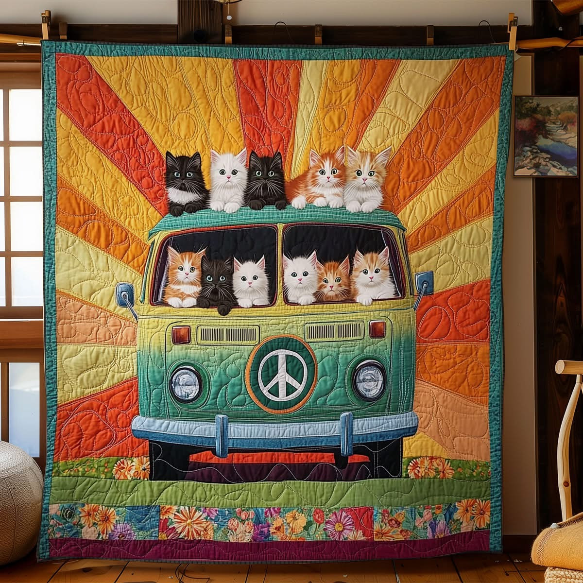 Kitten Hippie Camper Quilted Blanket Bedding Decor Gifts Idea For Kitten Lovers