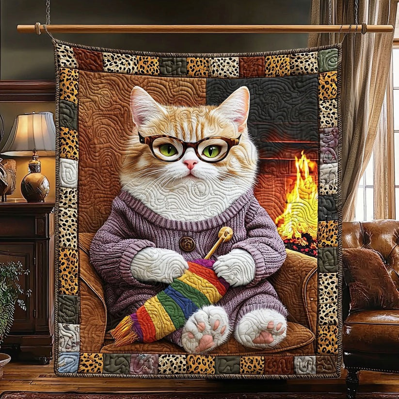 Knitting Cat Quilted Blanket Whimsical Room Decor Cute Gifts Idea For Grandma