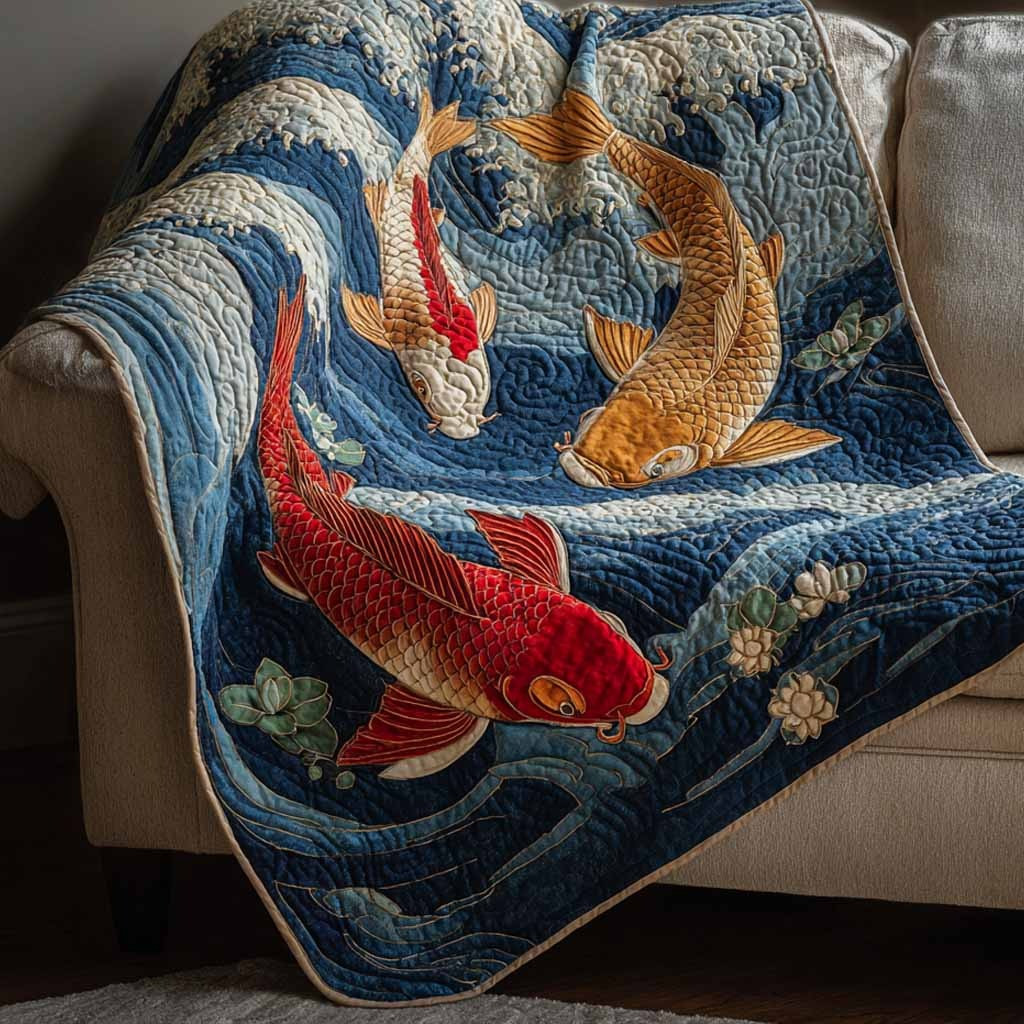 Koi Fish Ocean Wave Quilted Blanket Japanese Patchwork Decor Gift Ideas For Fish Lover
