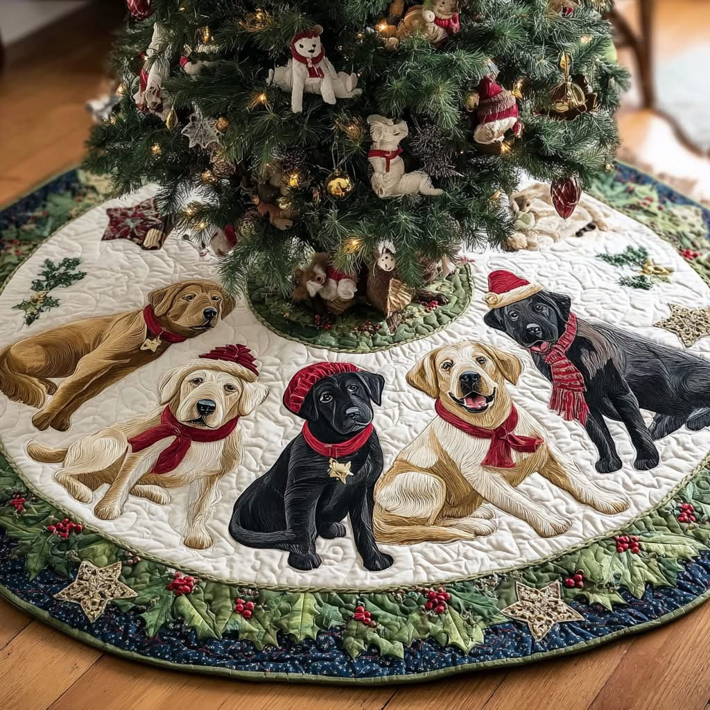 Labrador Retriever Quilted Christmas Tree Skirt Cute Xmas Tree Base Cover For Dog Lovers