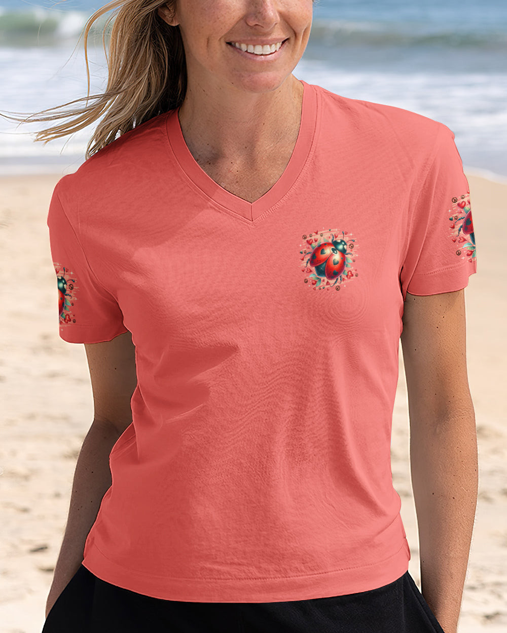 Ladybug Butterfly Kisses And Ladybug Hugs V-Neck T-Shirt Apparel Bestie Gifts - Image 2