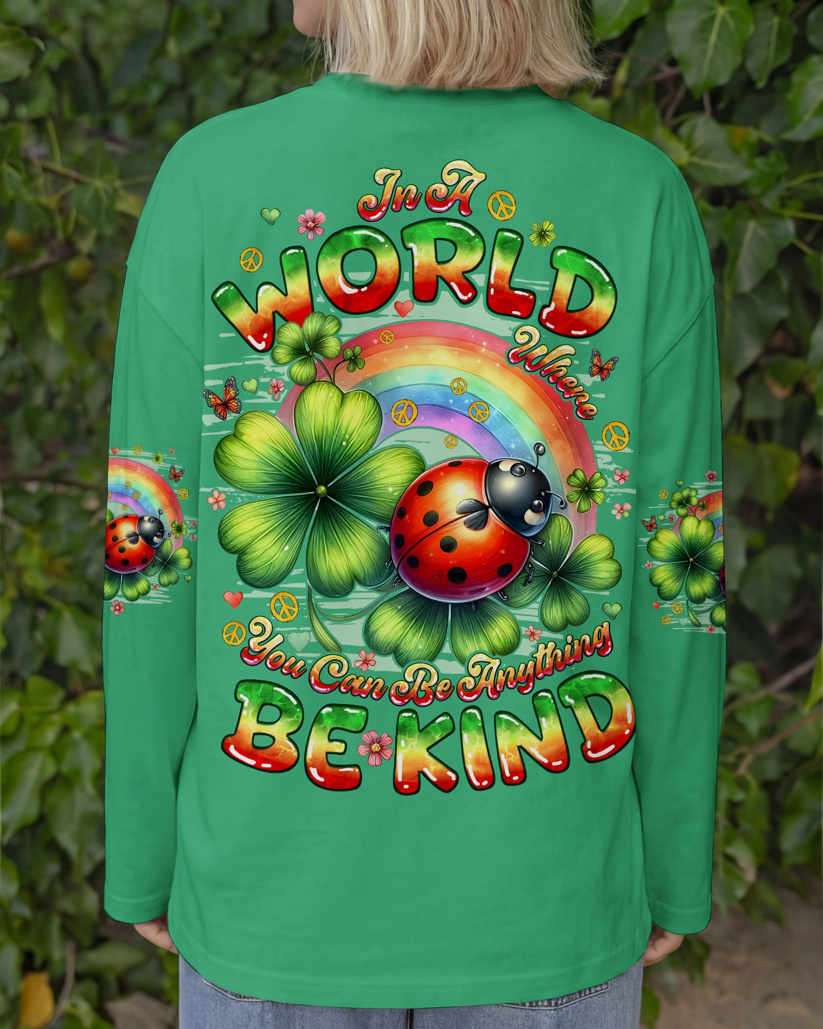 Ladybug In A World Where You Can Be Anything Be Kind Long Sleeve Shirt Rainbow Clovers For Wife