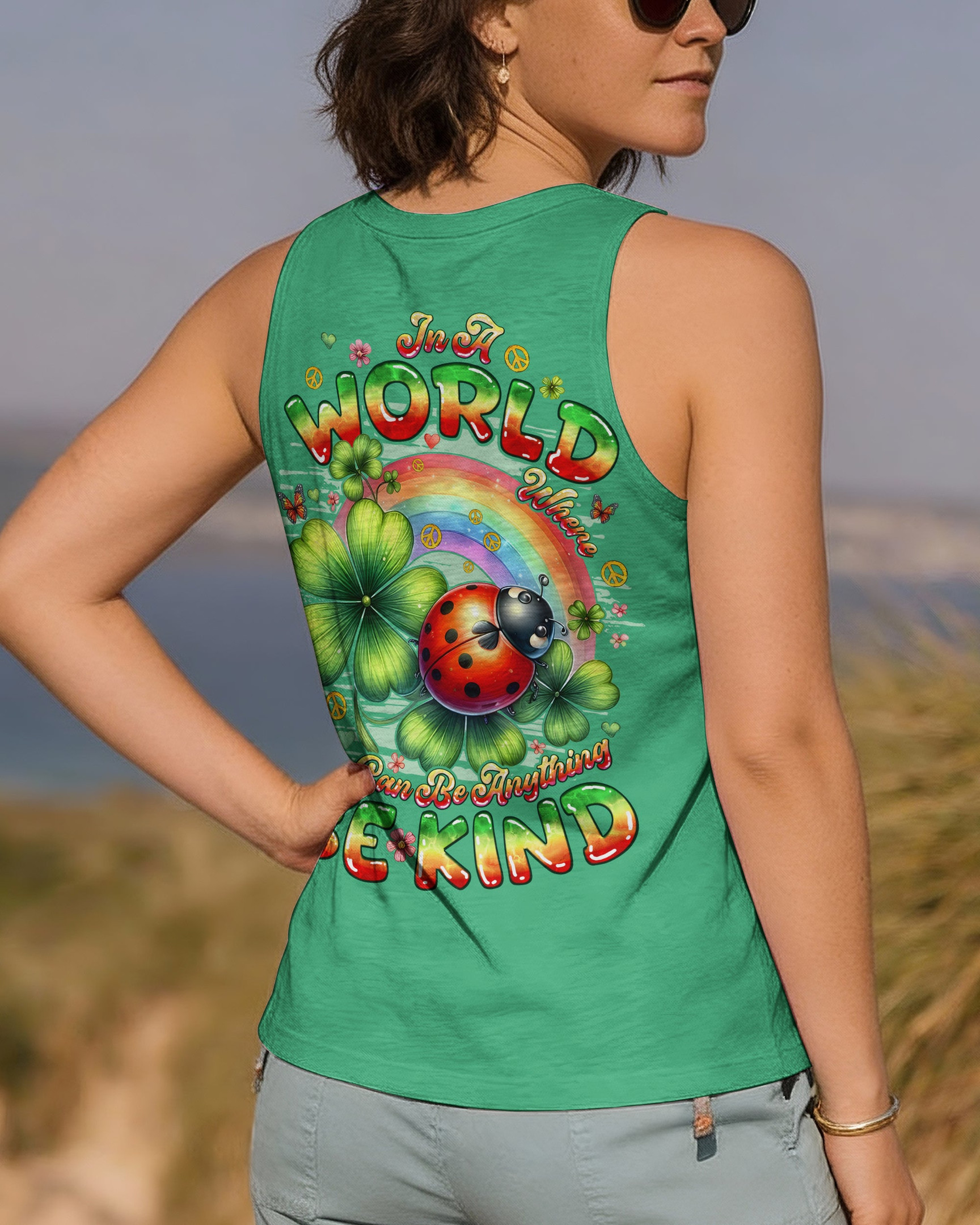 Ladybug In A World Where You Can Be Anything Be Kind Tank Top Rainbow Clovers Art For Women