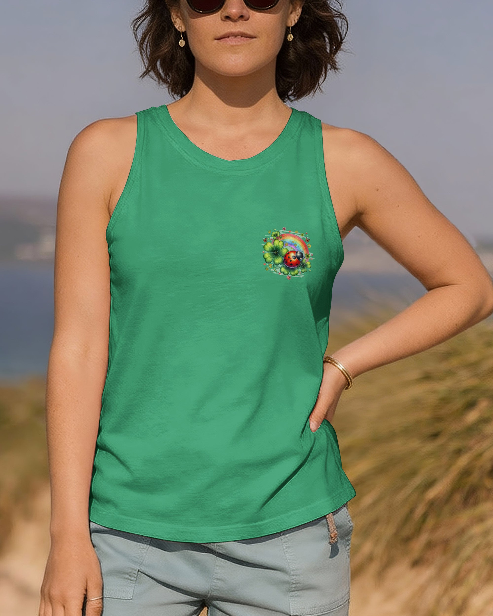 Ladybug In A World Where You Can Be Anything Be Kind Tank Top Rainbow Clovers Art For Women - Image 2