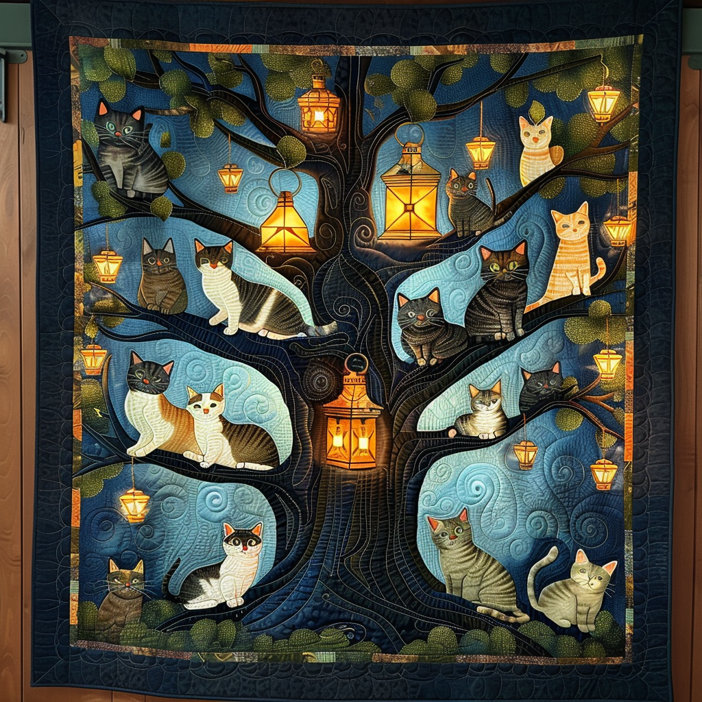 Lantern Cats Quilted Blanket Bed Room Art Womens Cat Gifts