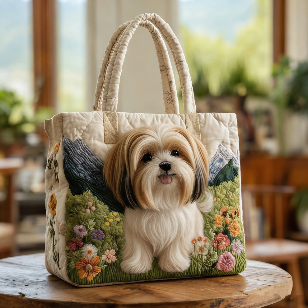 Lhasa Apso Quilted Tote Bag Floral Cute Dog Tote Bag Best Gifts For Lhasa Apso Lovers