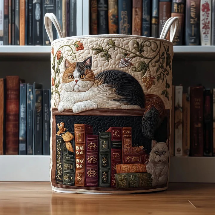 Library Cat Boho Quilted Laundry Basket Reading Cat Home Storage Best Gift For Book And Cat Lovers