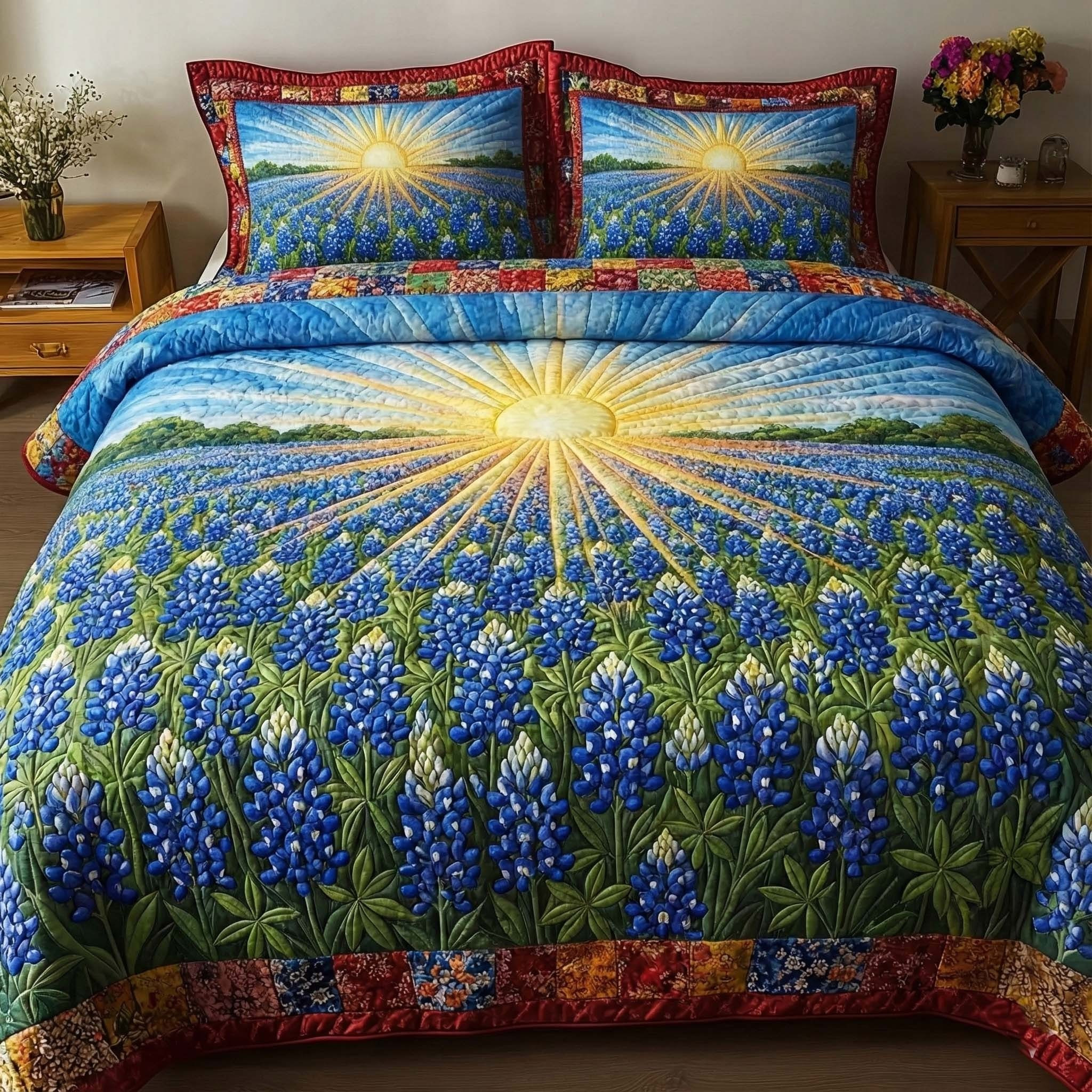 Lonestar Meadow Bluebonnet Quilted Bedding Set Room Decor Gifts For Bluebonnet Lovers