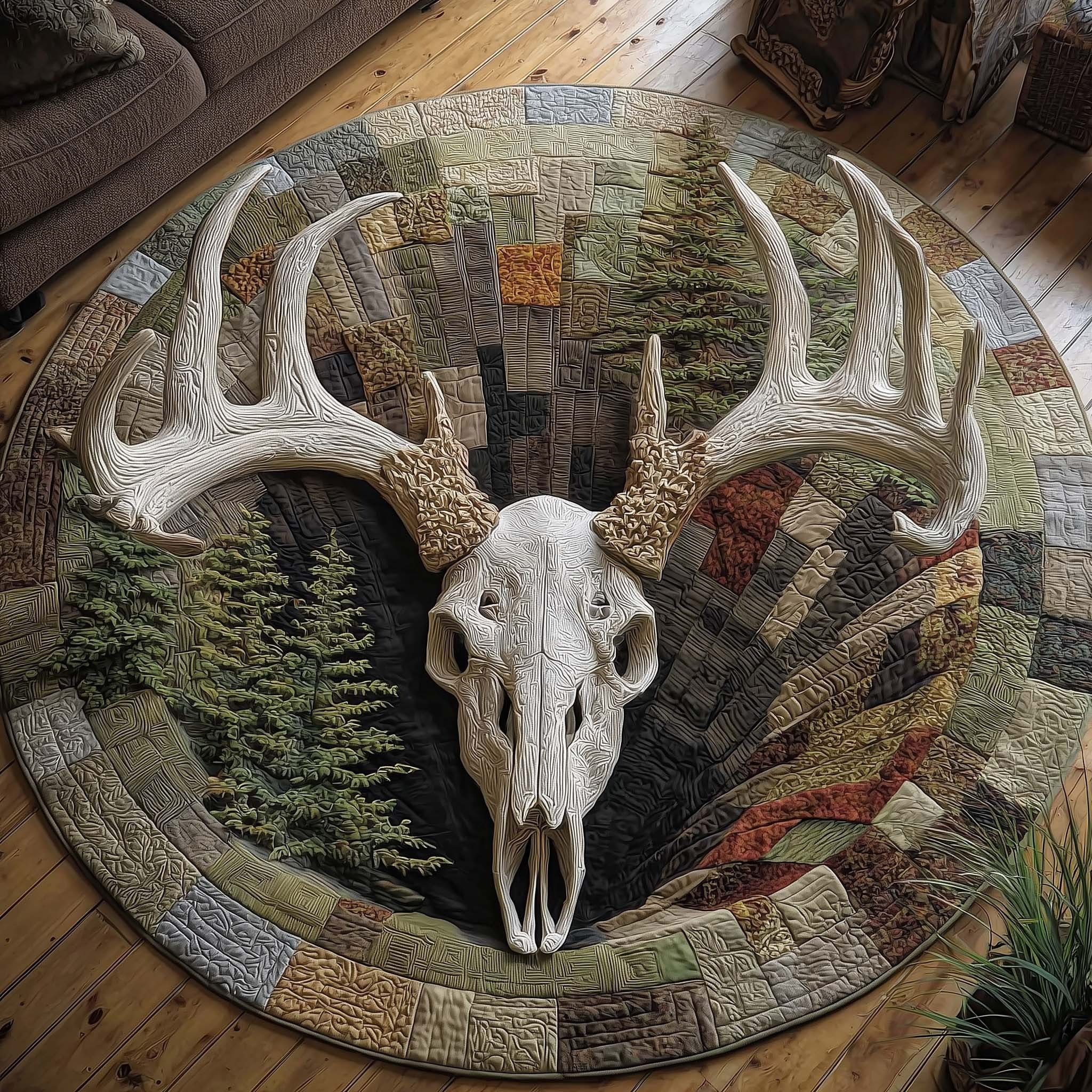 Longhorn Deer Serenity Quilted Round Mat Rustic Circle Round Rugs Gifts For Deer Hunter