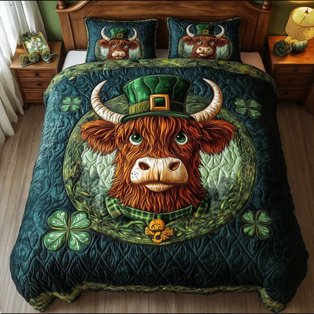 Lucky Highland Cow Charm Quilt Bedding Set St Patrick's Day Gift For Cow lovers