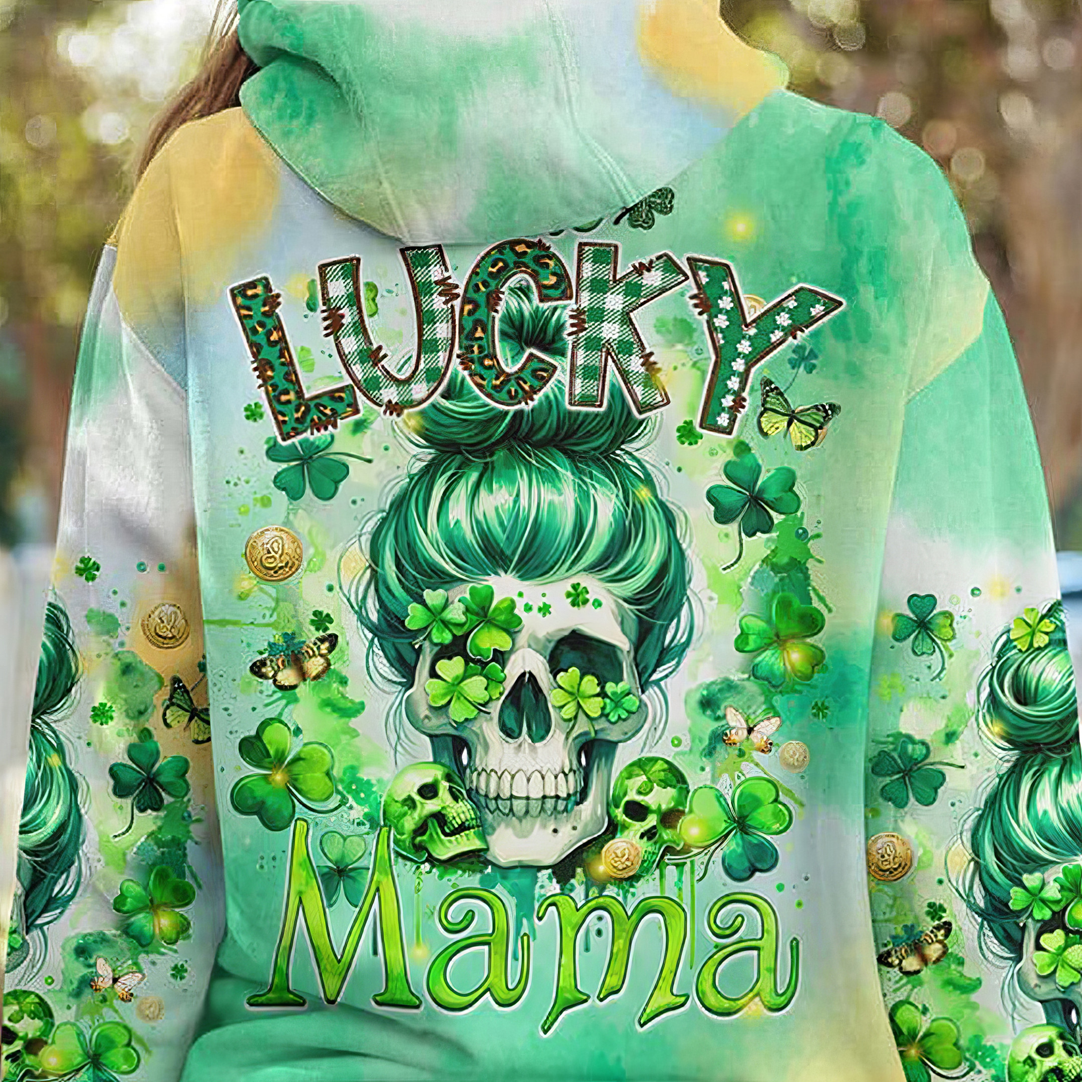 Lucky Mama Skull Hoodie Patrick's Day Ideas Holiday Hooded Sweatshirt Gifts For Mom - Image 2