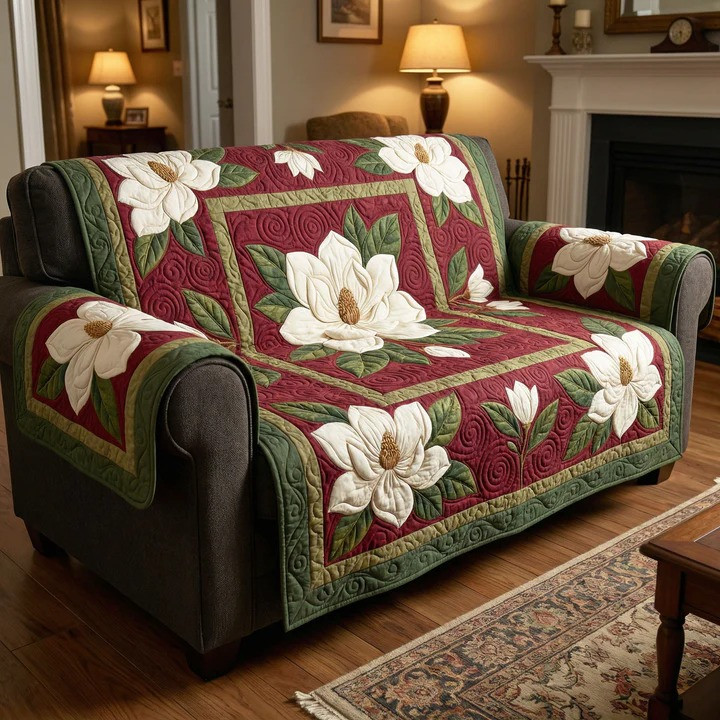 Magnolia Haven Quilted Sofa Cover Floral Cottage Furniture Protector Best Gift For Flower Lovers