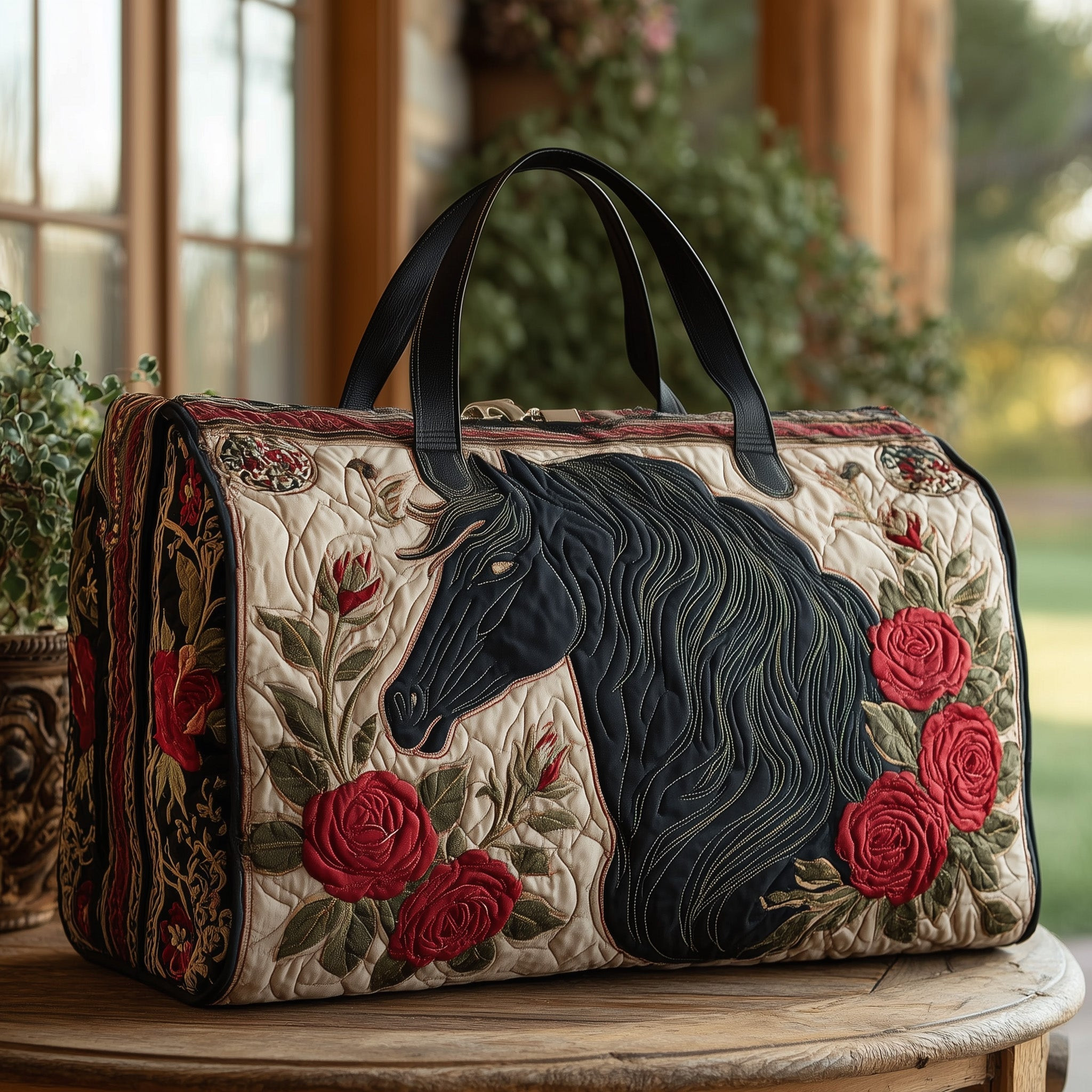 Majestic Black Horse Rose Quilted Duffle Bag Dark Equestrian Travel Bag Best Gift For Horse Lovers - Image 2