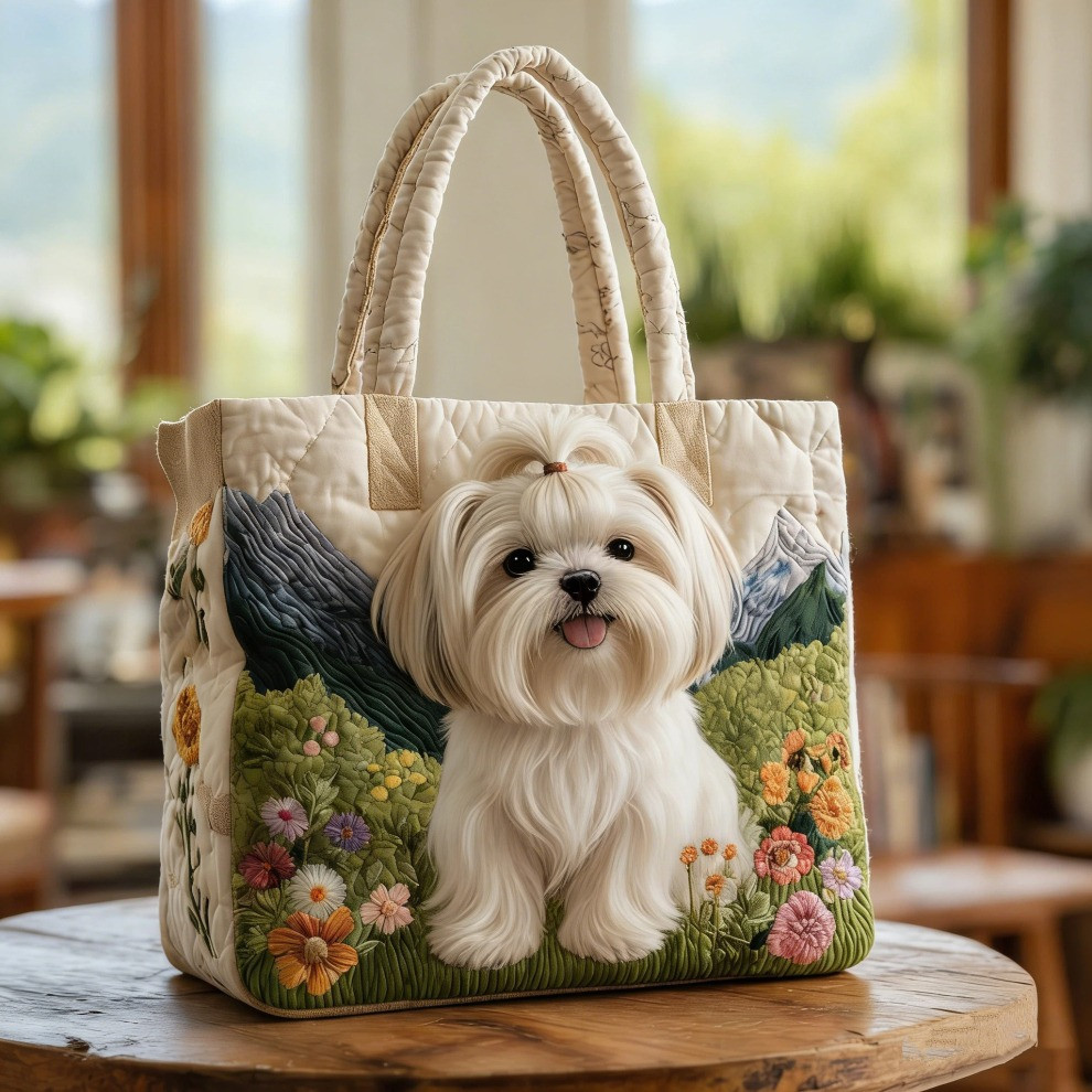 Maltese Quilted Tote Bag Spring Floral Cute Dog Totes Best Gifts For Maltese Lovers