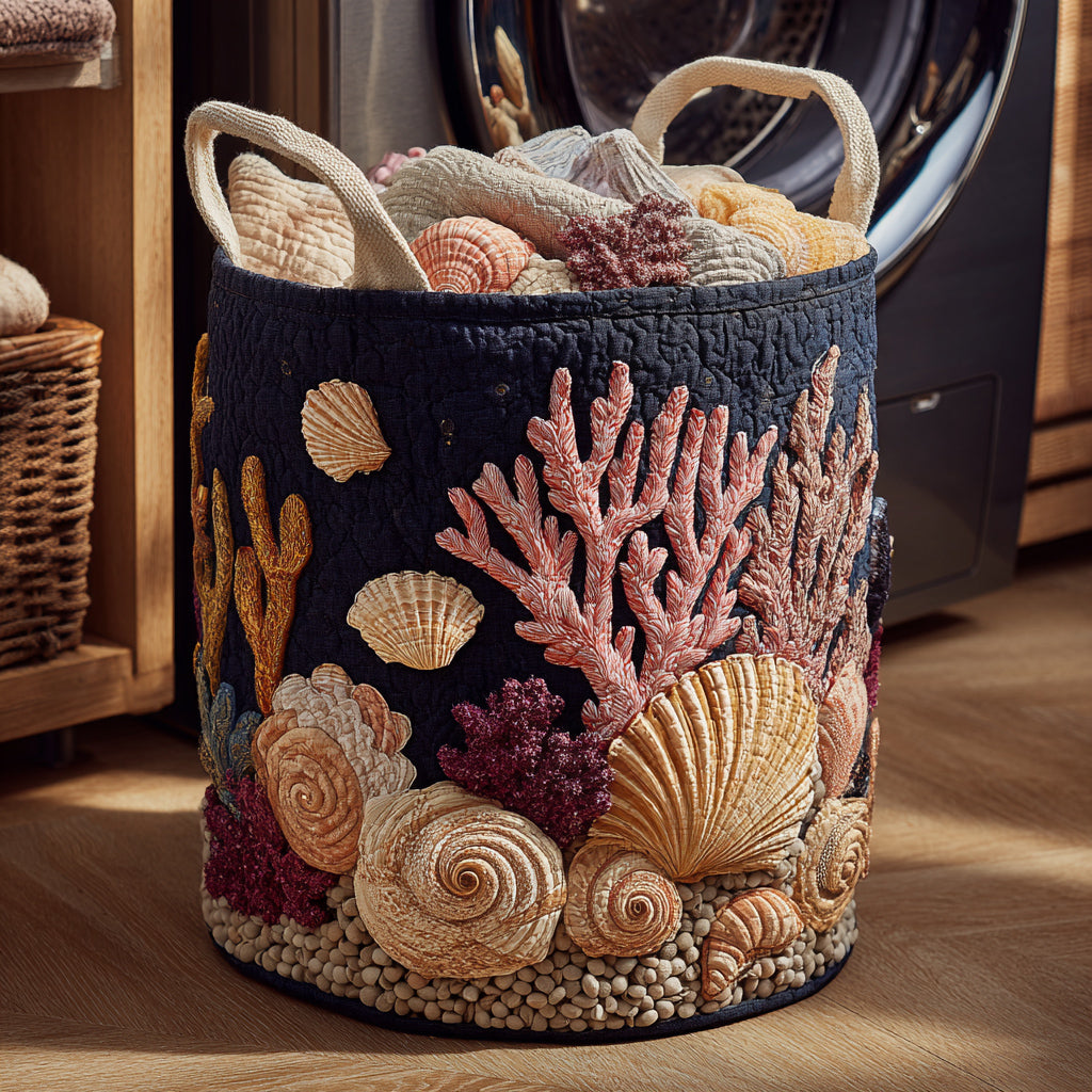 Marine Coral Quilted Laundry Basket Compact Quilted Laundry Hamper for Small Spaces