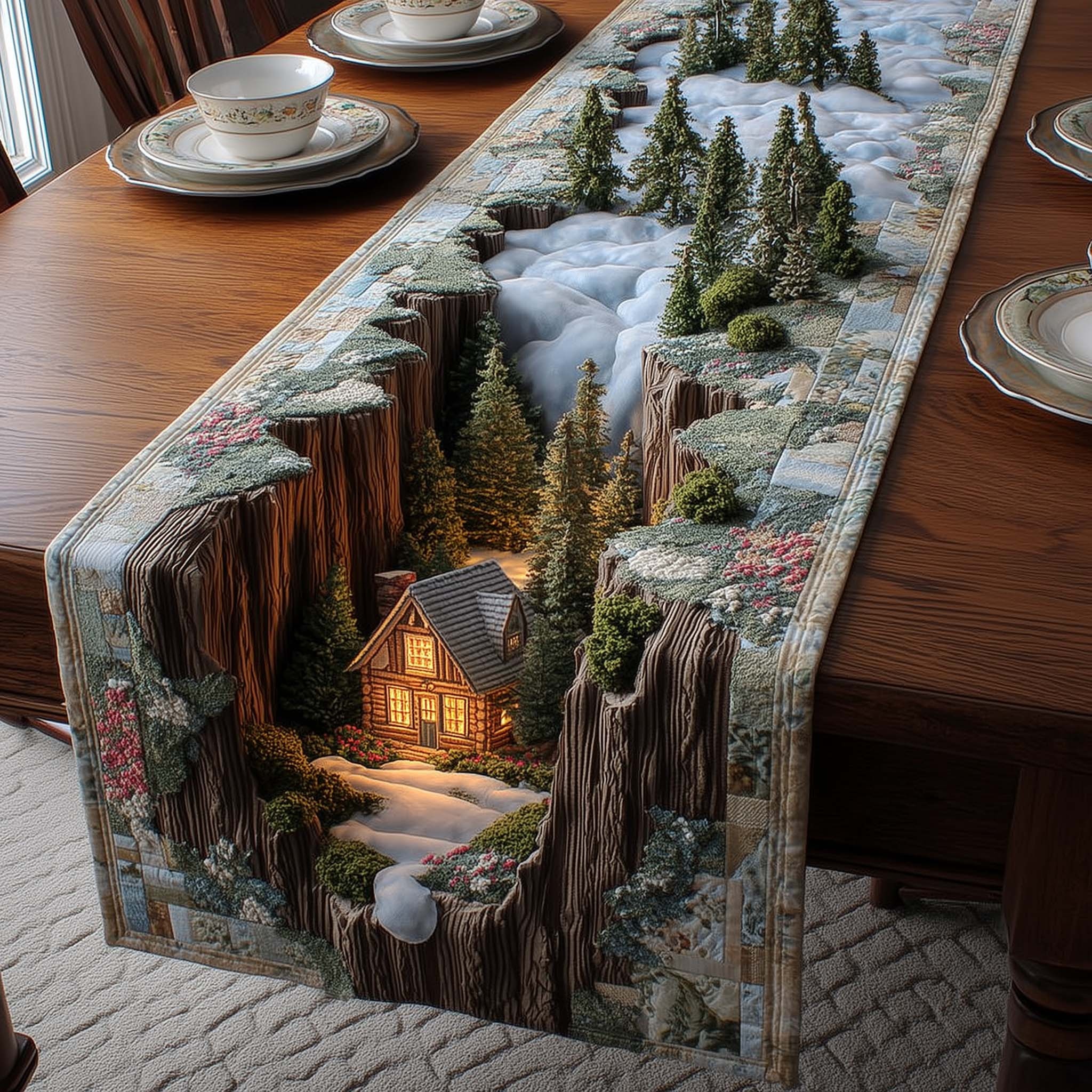 Meadow Cabin Quilted Table Runner Charming Farmhouse Accent Gift For Dining Room Table