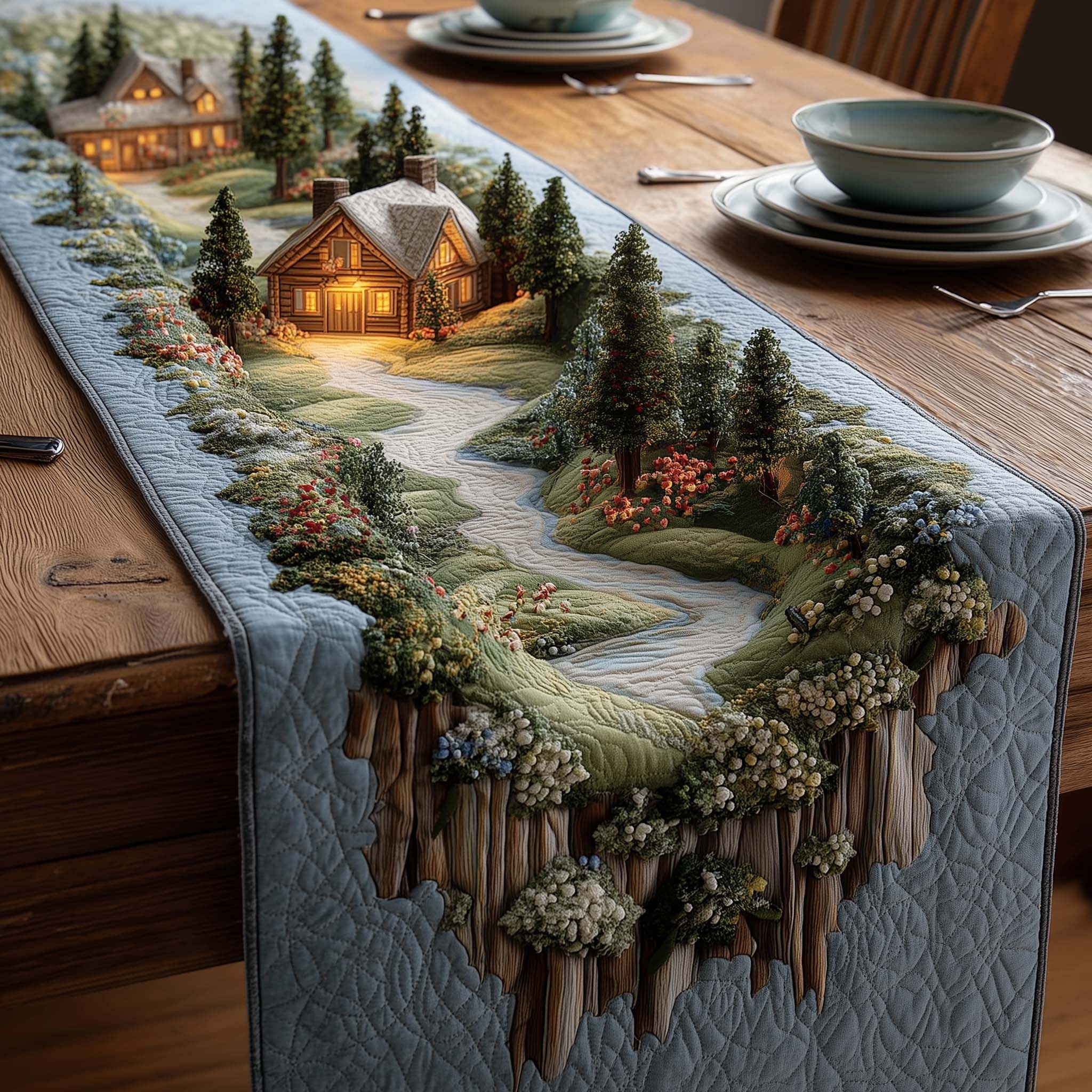 Meadow Cabin Quilted Table Runner Rustic Kitchen Dining Decor Gift For Cozy Family Home