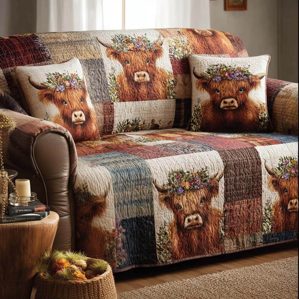 Meadow Friends Quilted Sofa Cover Sofa Protector Highland Cow Presents