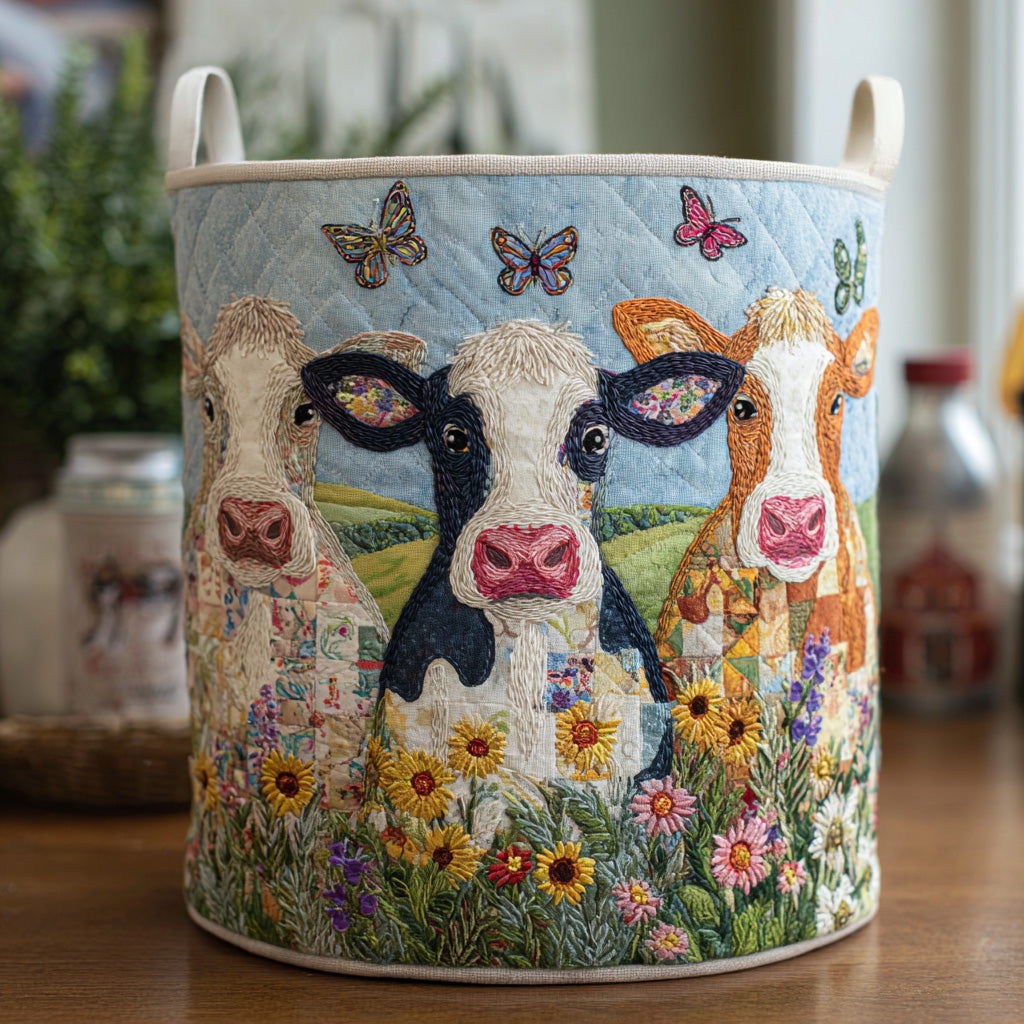 Meadow Moo Quilted Laundry Basket Practical Home Storage Gift with Quilted Design