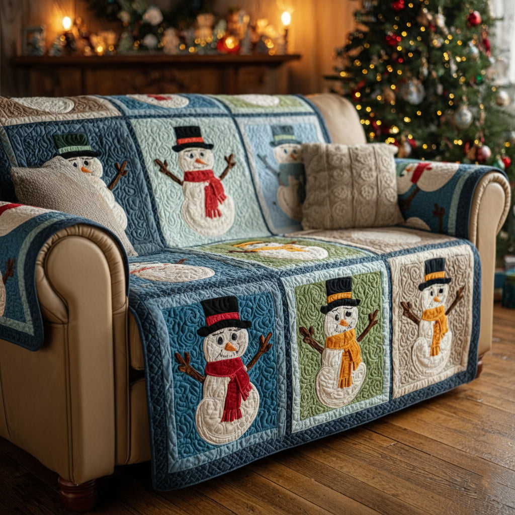 Merriment Snowman Bright Quilted Sofa Cover Holiday Couch Covers Christmas Presents