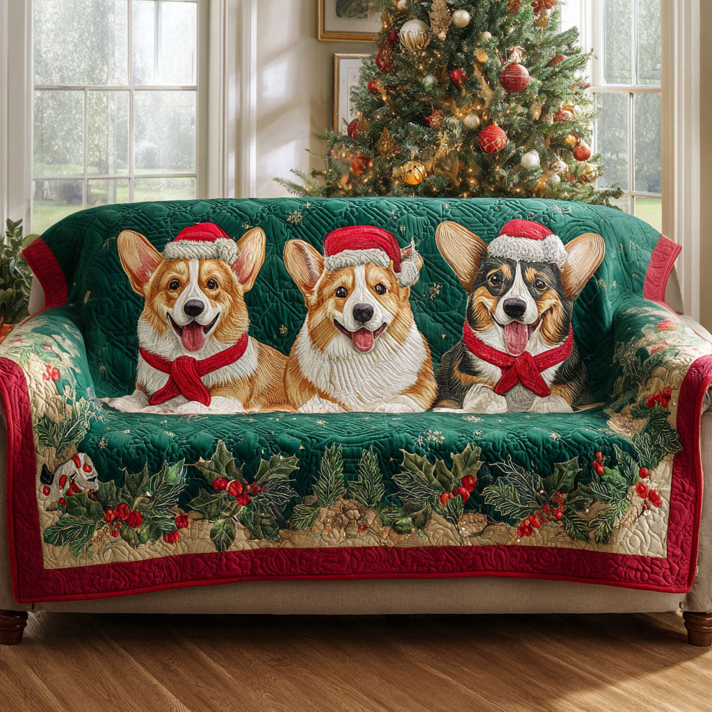 Merry Corgi Family Quilted Sofa Cover Holiday Living Room Decor Best Gifts For Dog Lovers