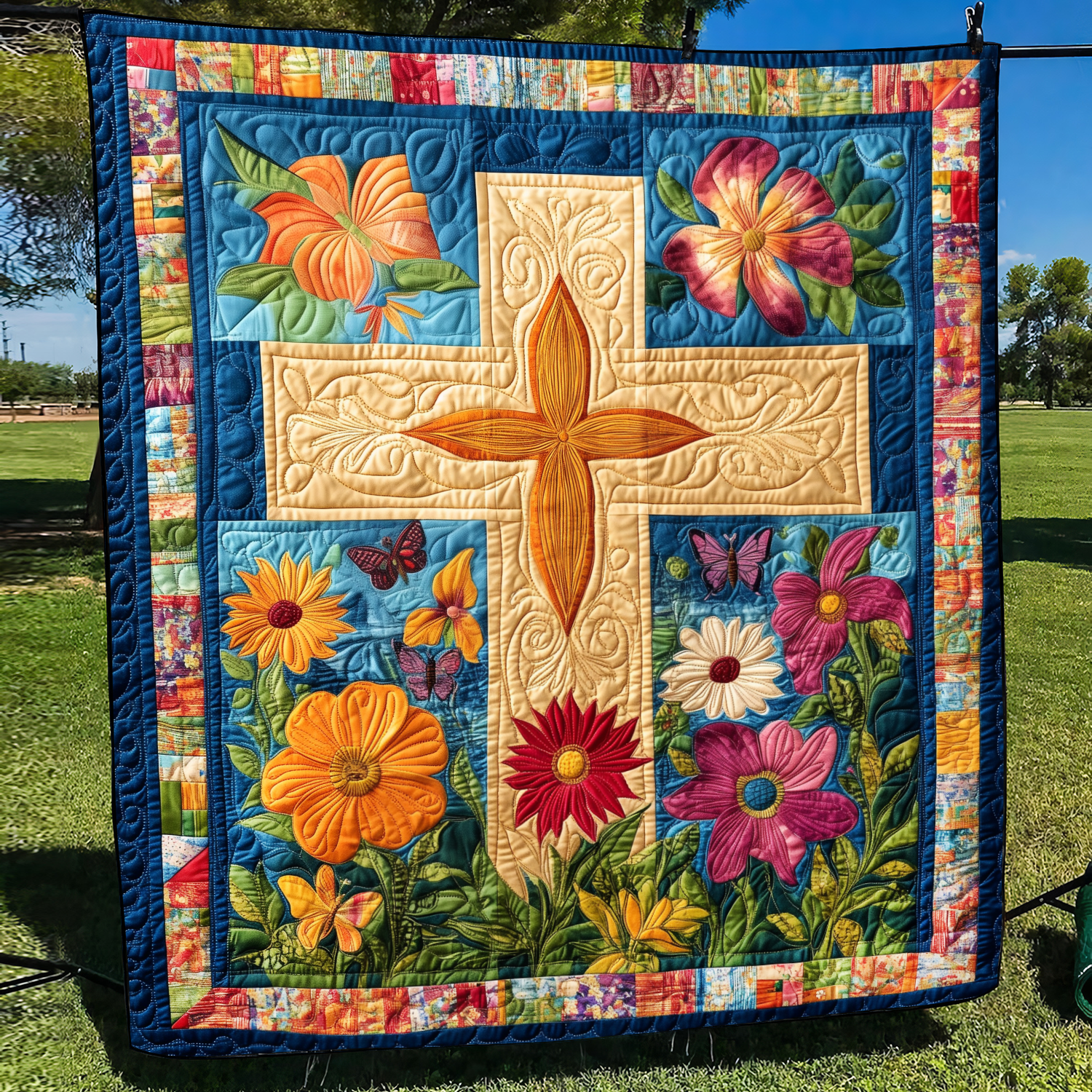 Merry Cross Quilted Blanket Bedroom Room Decor Christmas Presents For Christians