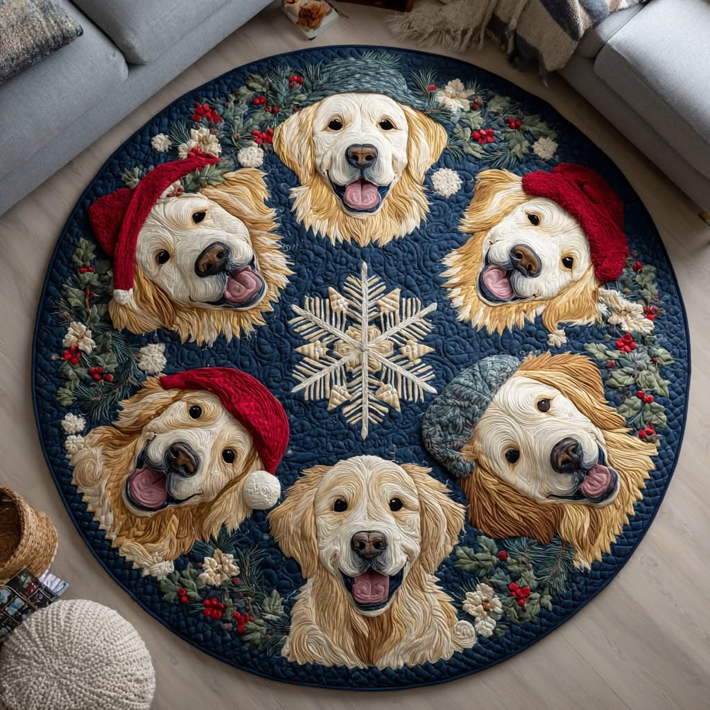Merry Retriever Christmas Quilted Round Mat Funny Room Xmas Decor Gifts For Dog Lovers