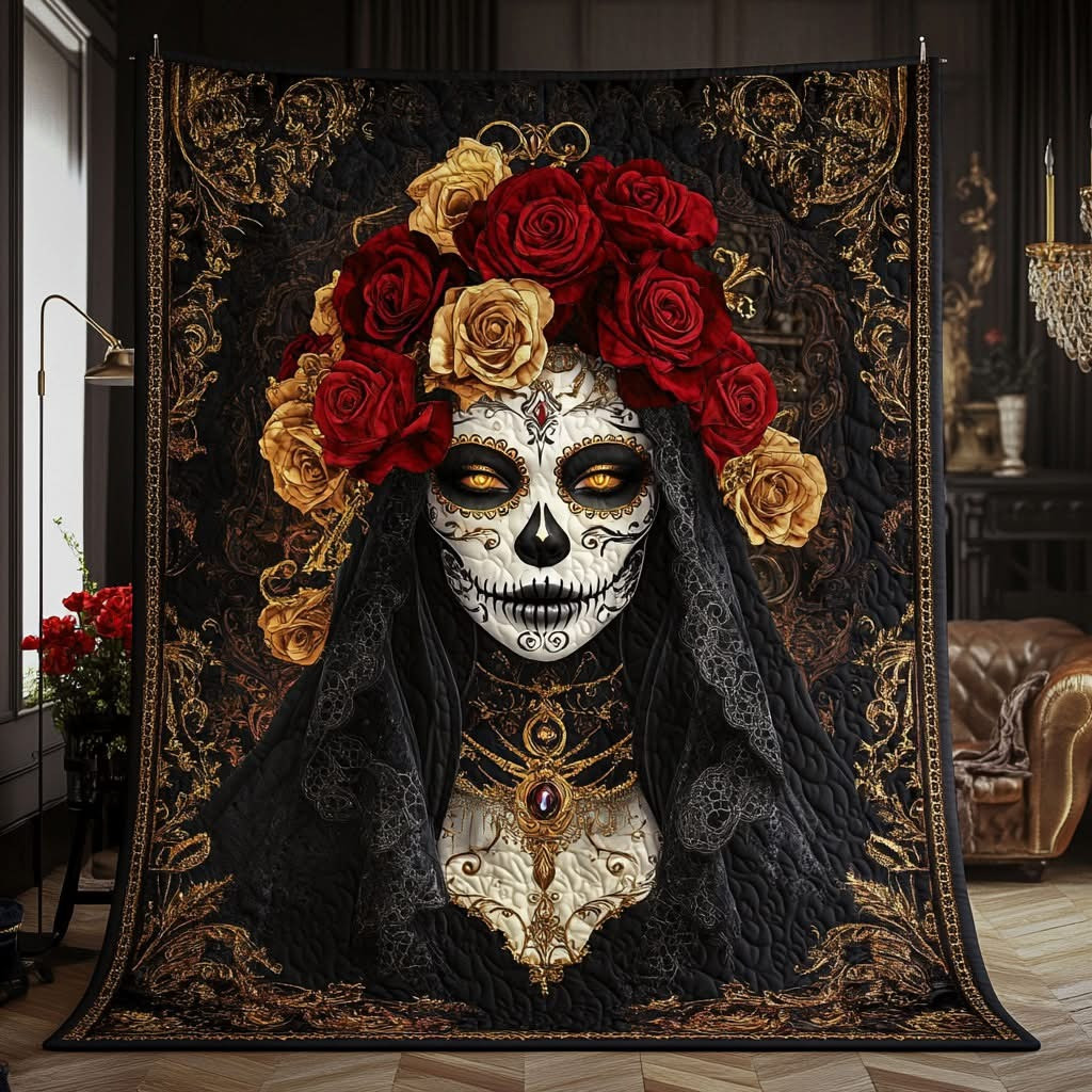 Midnight Bloom Roses Skull Woman Quilted Blanket Day Of The Dead Merchandise Gifts