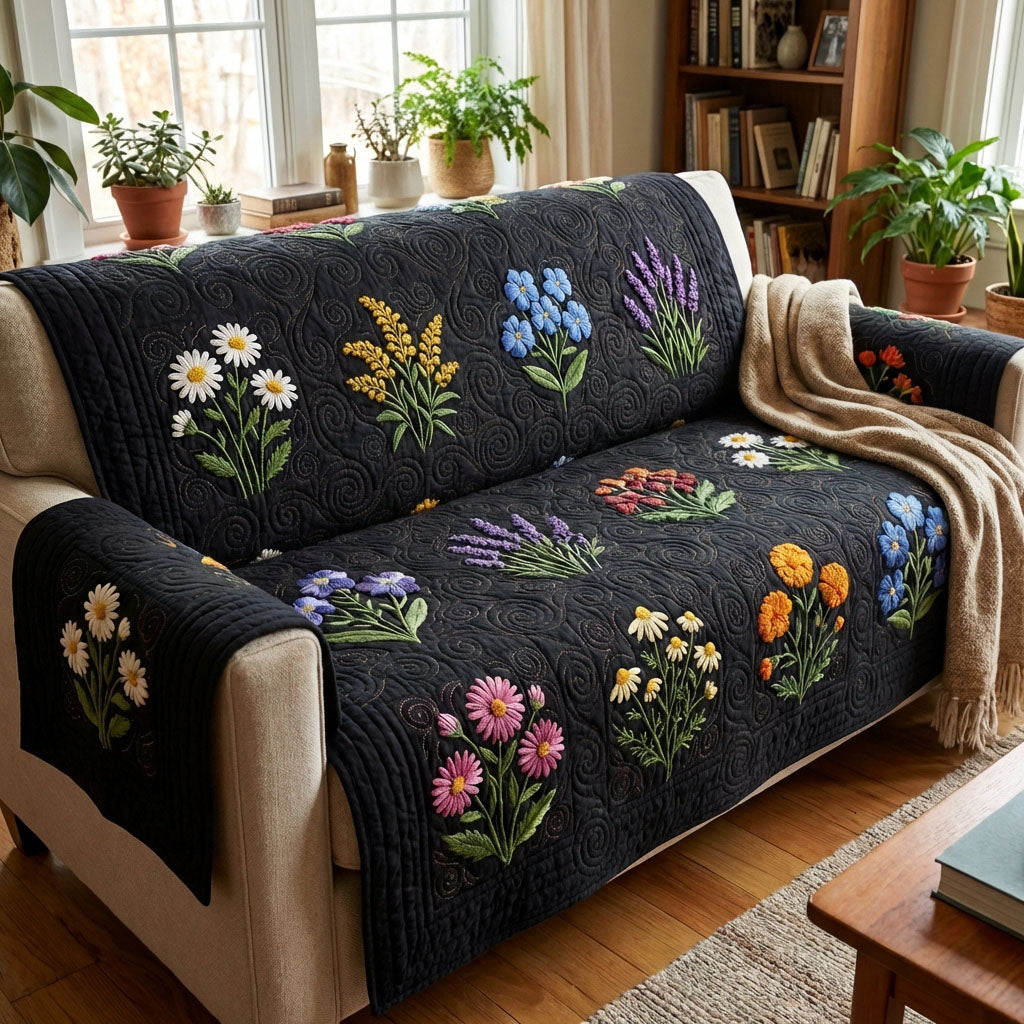Midnight Flower Field Quilted Sofa Cover Sofa Seat Covers Christmas Gifts For Flower Lovers