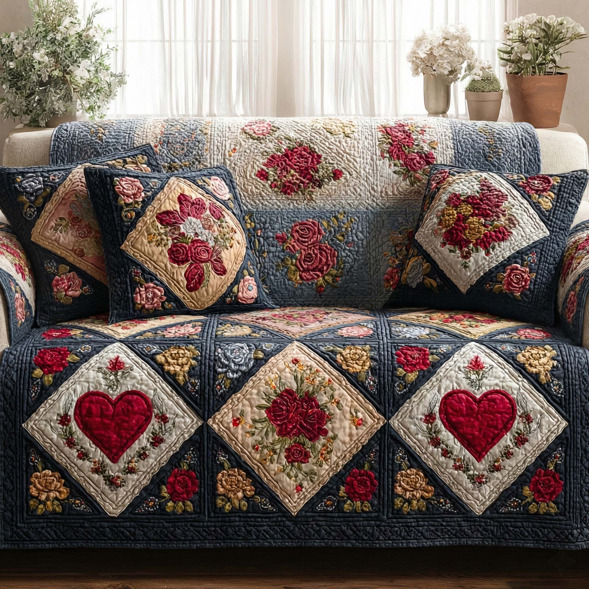 Midnight Garden Heart Quilted Sofa Cover Sofa Cover Slipcover Best Valentine Day Gifts For Men