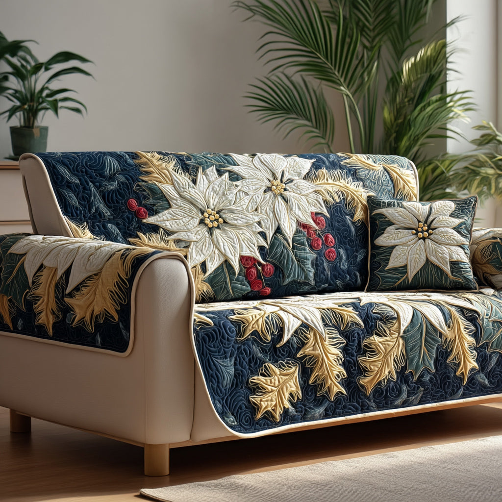 Midnight Poinsettia Quilted Sofa Cover Christmas Family Room Decor Gift For Coworker