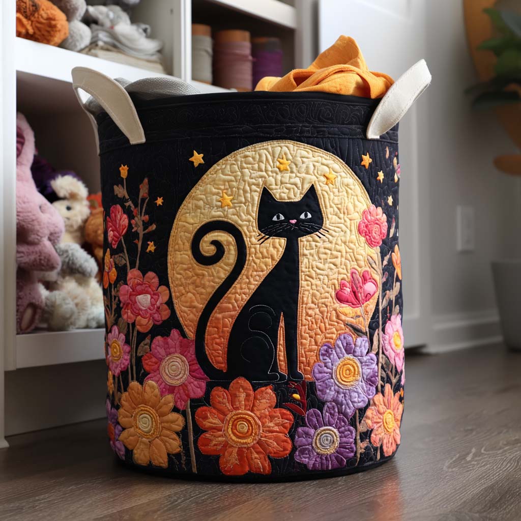 Moonlight Cat Quilted Laundry Basket Soft and Durable Quilted Storage Basket for Laundry Room