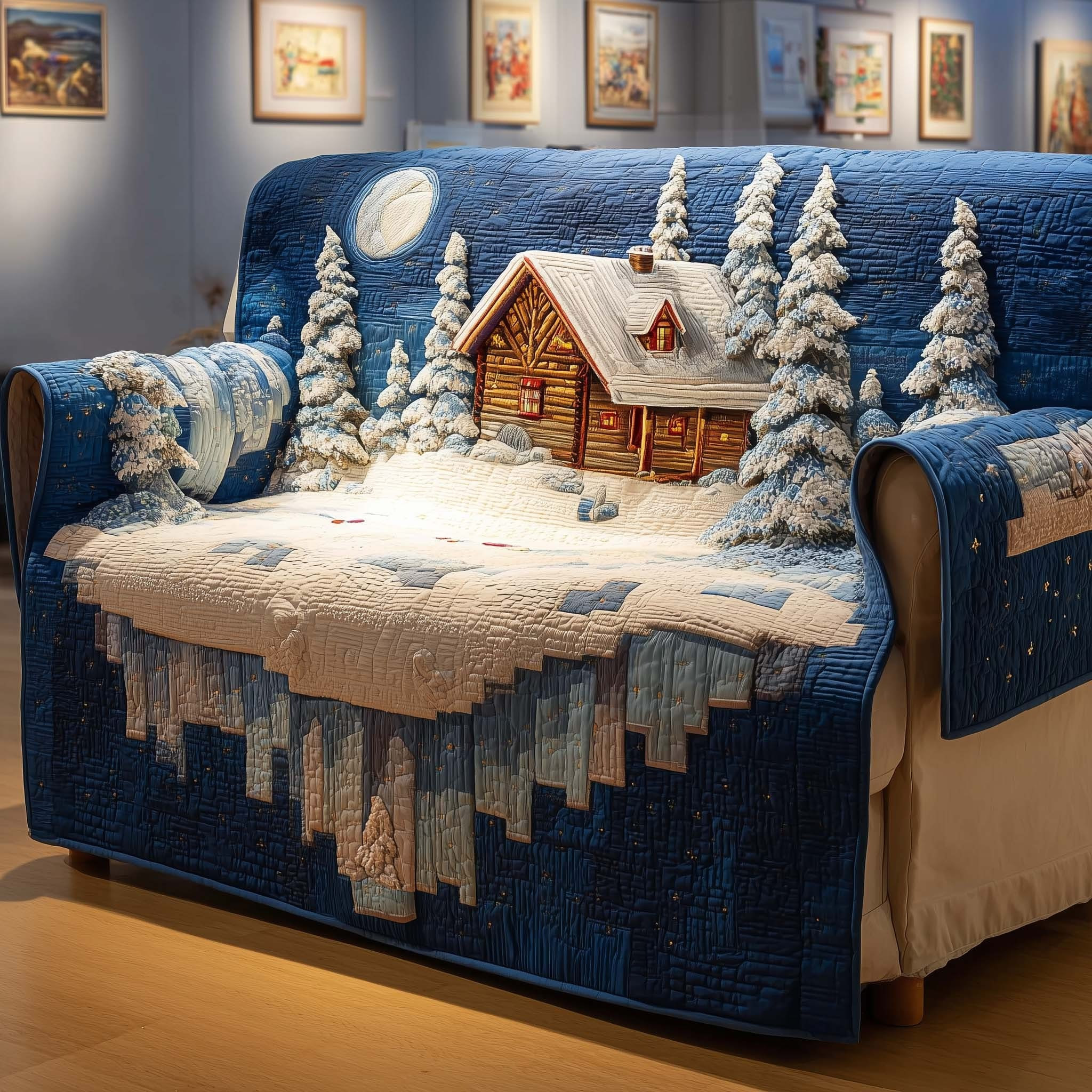 Moonlit Cabin Winter Quilted Sofa Cover Christmas Couch Covers Living Room Decorations