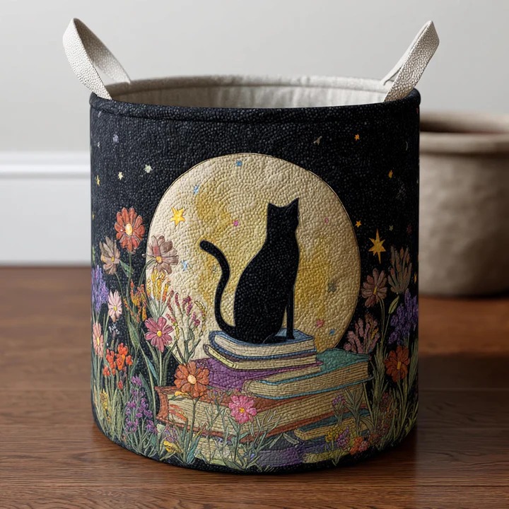 Moonlit Cat Quilted Laundry Basket Boho Moon Galaxy Cat Home Decor Best Gift For Cat Lovers