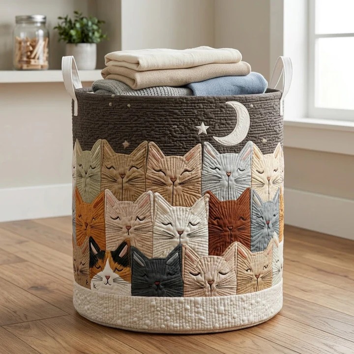 Moonlit Cats Crescent Moon Quilted Laundry Basket Boho Cat Lover Decor Best Gift For Cat Parents