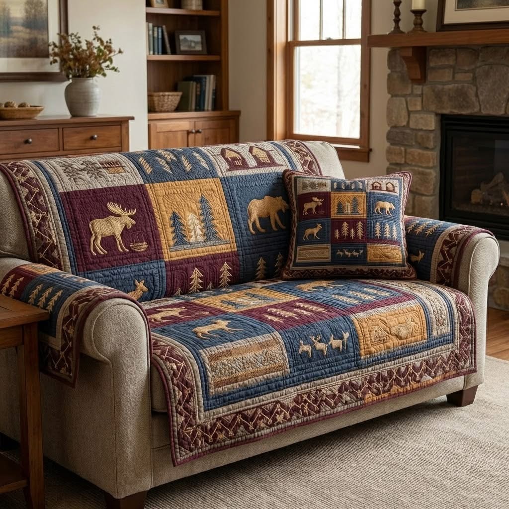Moose Cabin Quilted Sofa Cover Rustic Patchwork Sofa Protector Gifts For Dad