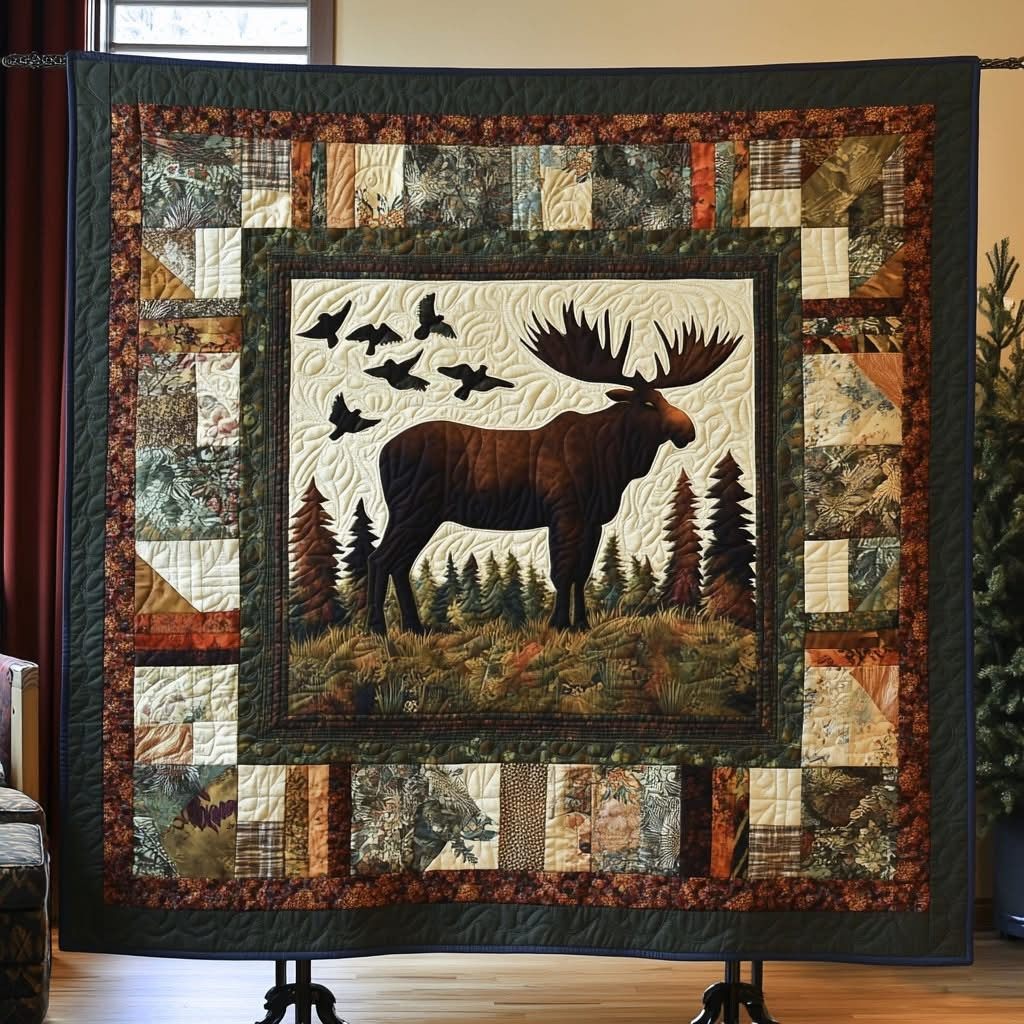 Moose Patchwork Quilt Blanket Merchandise Unique Moose Lover Themed Gift Items Christmas